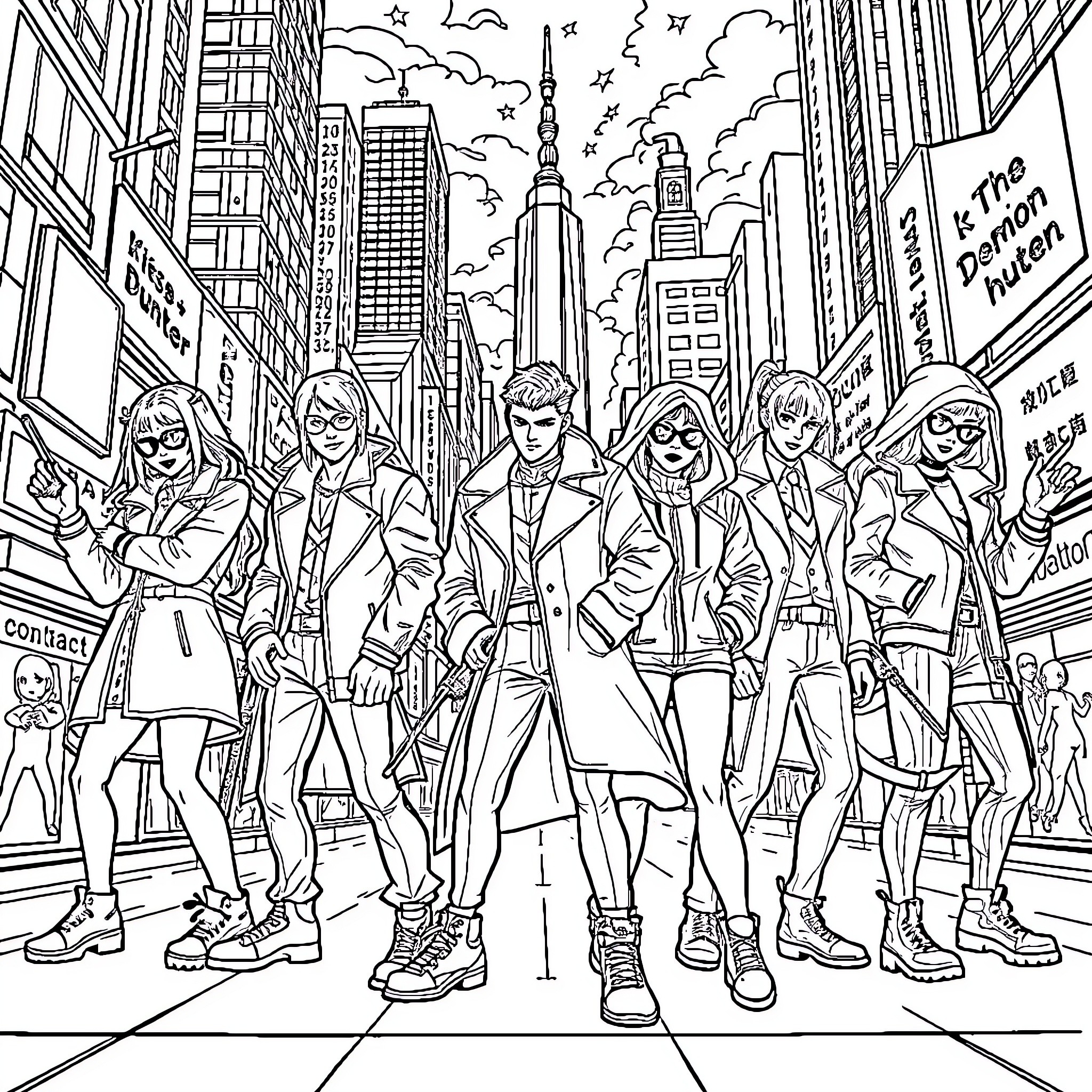 Demon Hunter Squad in Action-Packed City Exploration Coloring Page (free black-and-white line drawing printable PDF for all, from beginners to advanced learners, including children, teens, adults, and seniors)