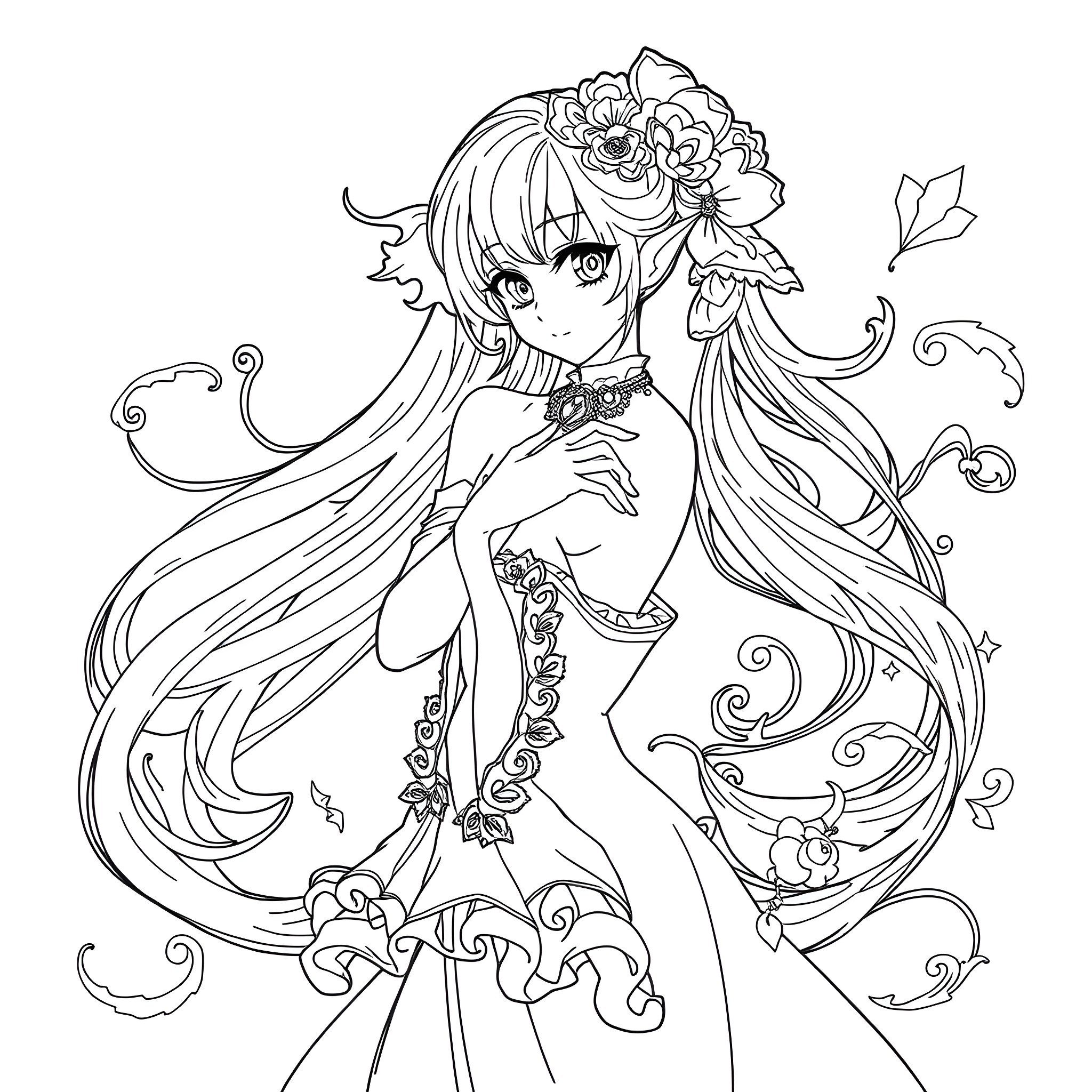 Anime Girl with Floral Headpiece and Elaborate Dress Coloring Page (free black-and-white line drawing printable PDF for all, from beginners to advanced learners, including children, teens, adults, and seniors)