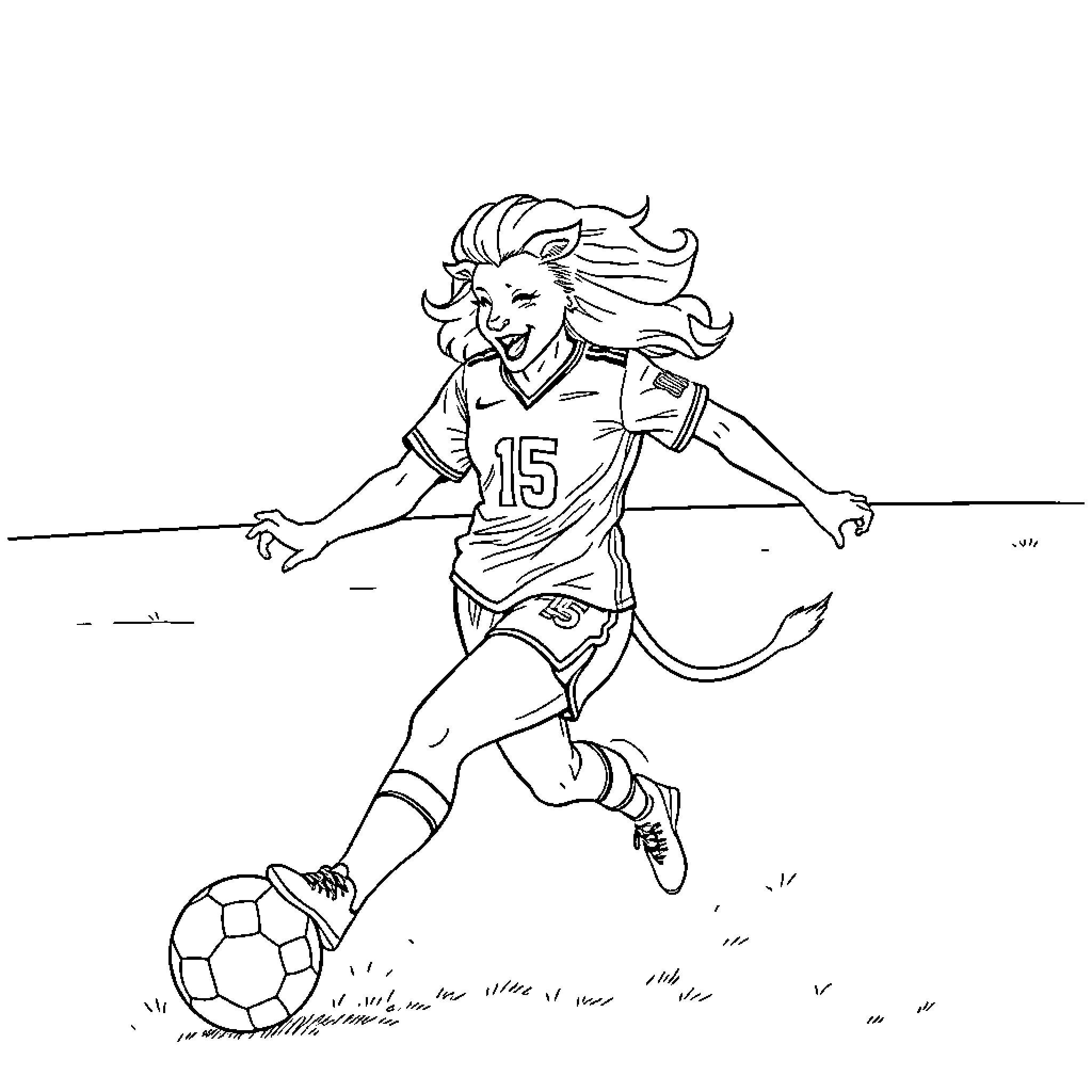 Lioness playing soccer on the field Coloring Page (free black-and-white line drawing printable PDF for all, from beginners to advanced learners, including children, teens, adults, and seniors)