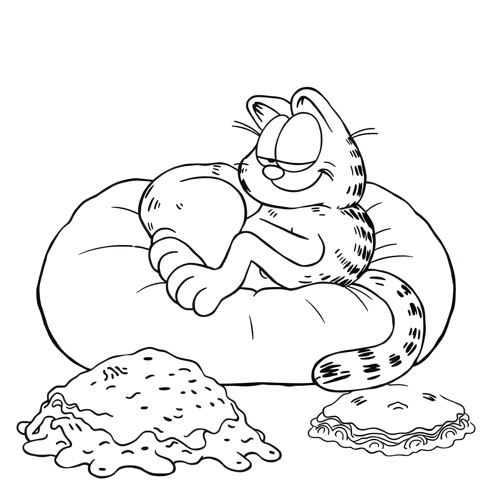 Garfield napping contentedly on a fluffy pillow Coloring Page (free black-and-white line drawing printable PDF for all, from beginners to advanced learners, including children, teens, adults, and seniors)