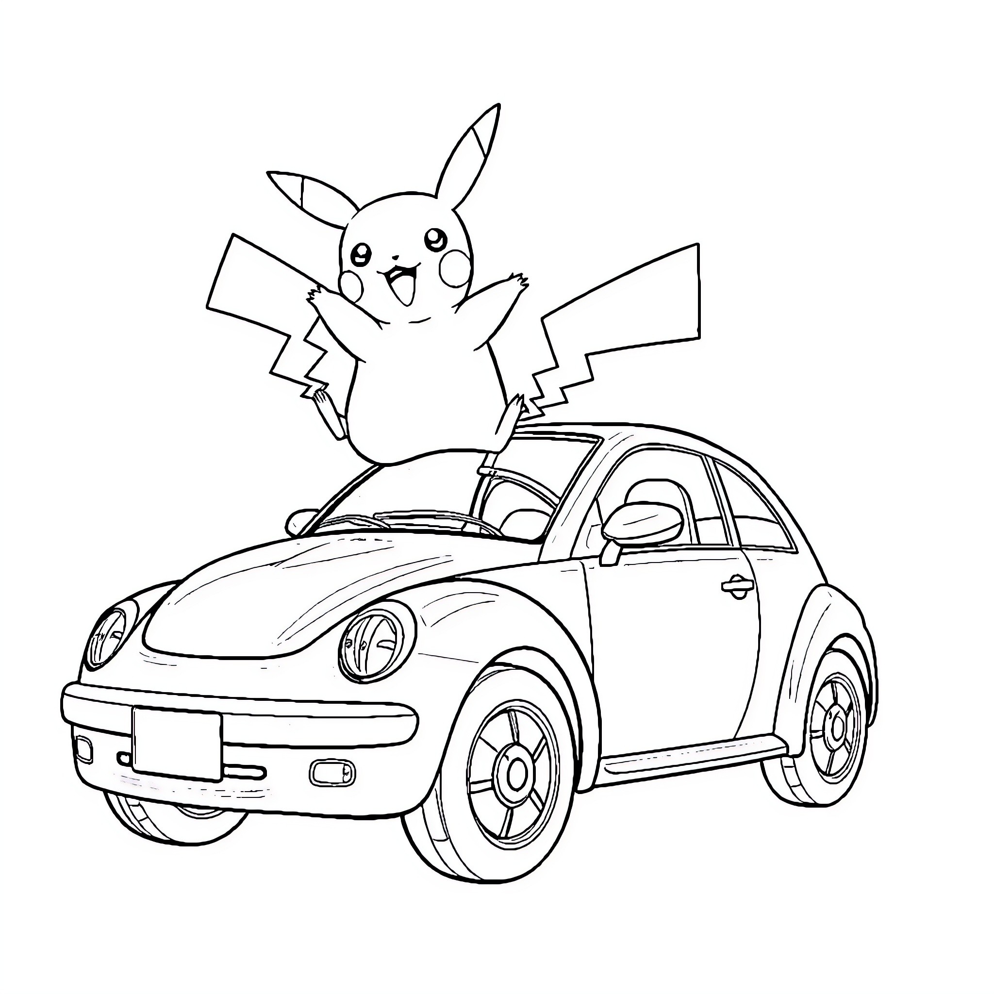 Pikachu riding happily in a car Coloring Page (free black-and-white line drawing printable PDF for all, from beginners to advanced learners, including children, teens, adults, and seniors)