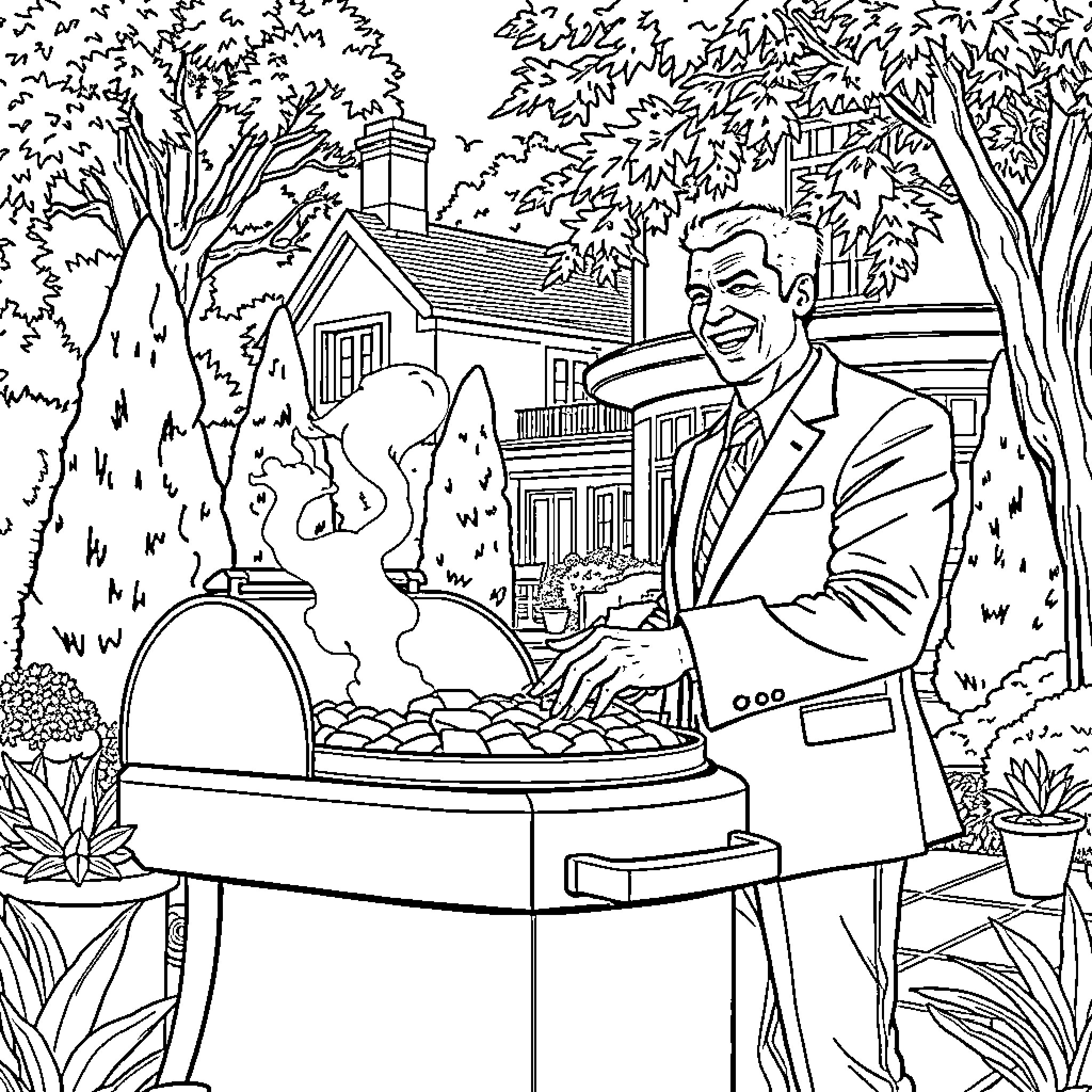 Mask Enjoying Outdoor Cooking in Lush Garden Coloring Page (free black-and-white line drawing printable PDF for all, from beginners to advanced learners, including children, teens, adults, and seniors)