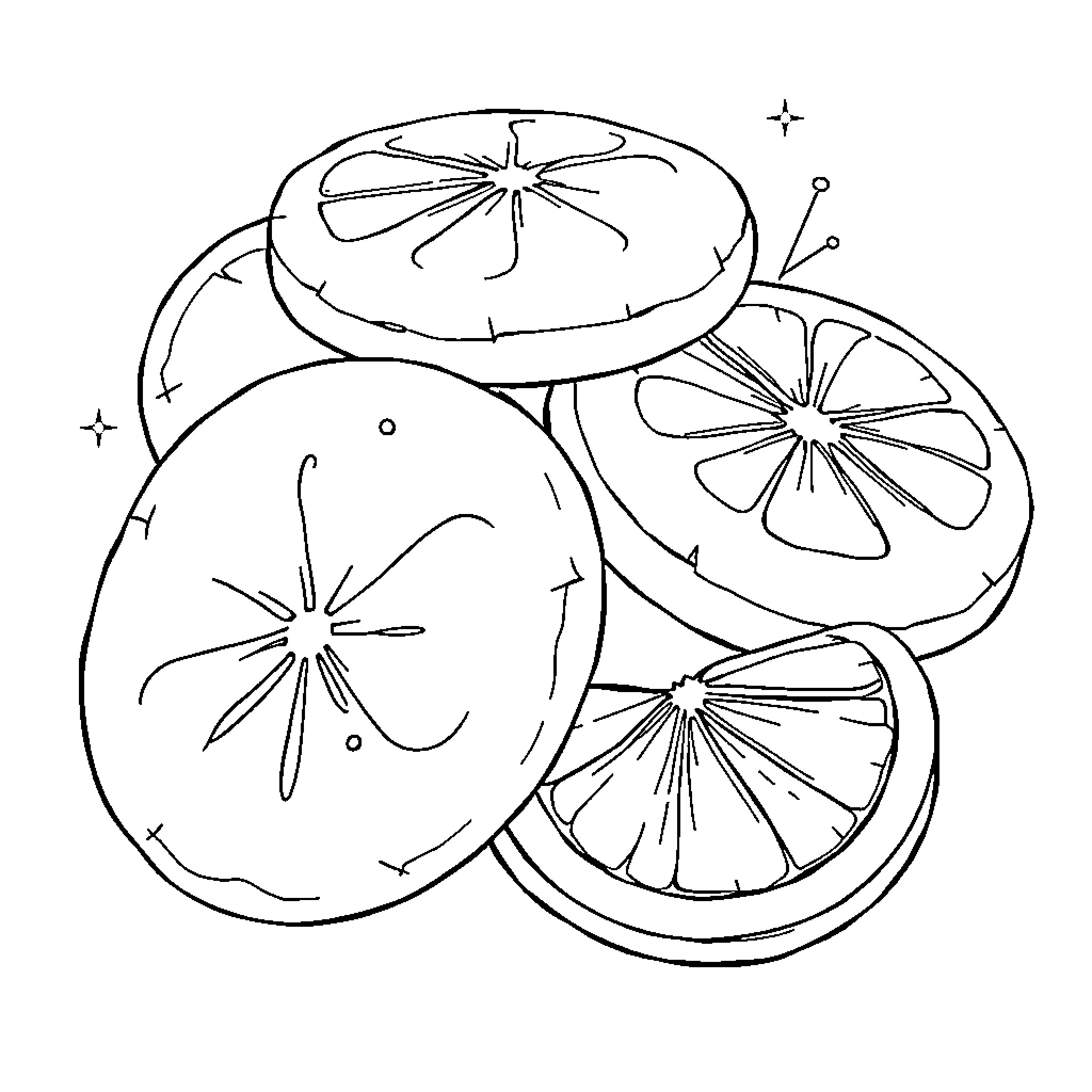 Cookie Sliced Citrus Fruit Pieces Coloring Page (free black-and-white line drawing printable PDF for all, from beginners to advanced learners, including children, teens, adults, and seniors)