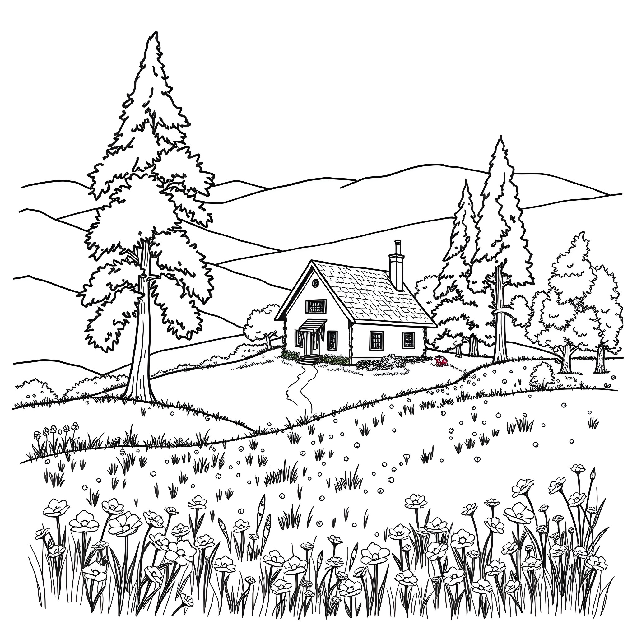 House in a peaceful countryside landscape Coloring Page (free black-and-white line drawing printable PDF for all, from beginners to advanced learners, including children, teens, adults, and seniors)