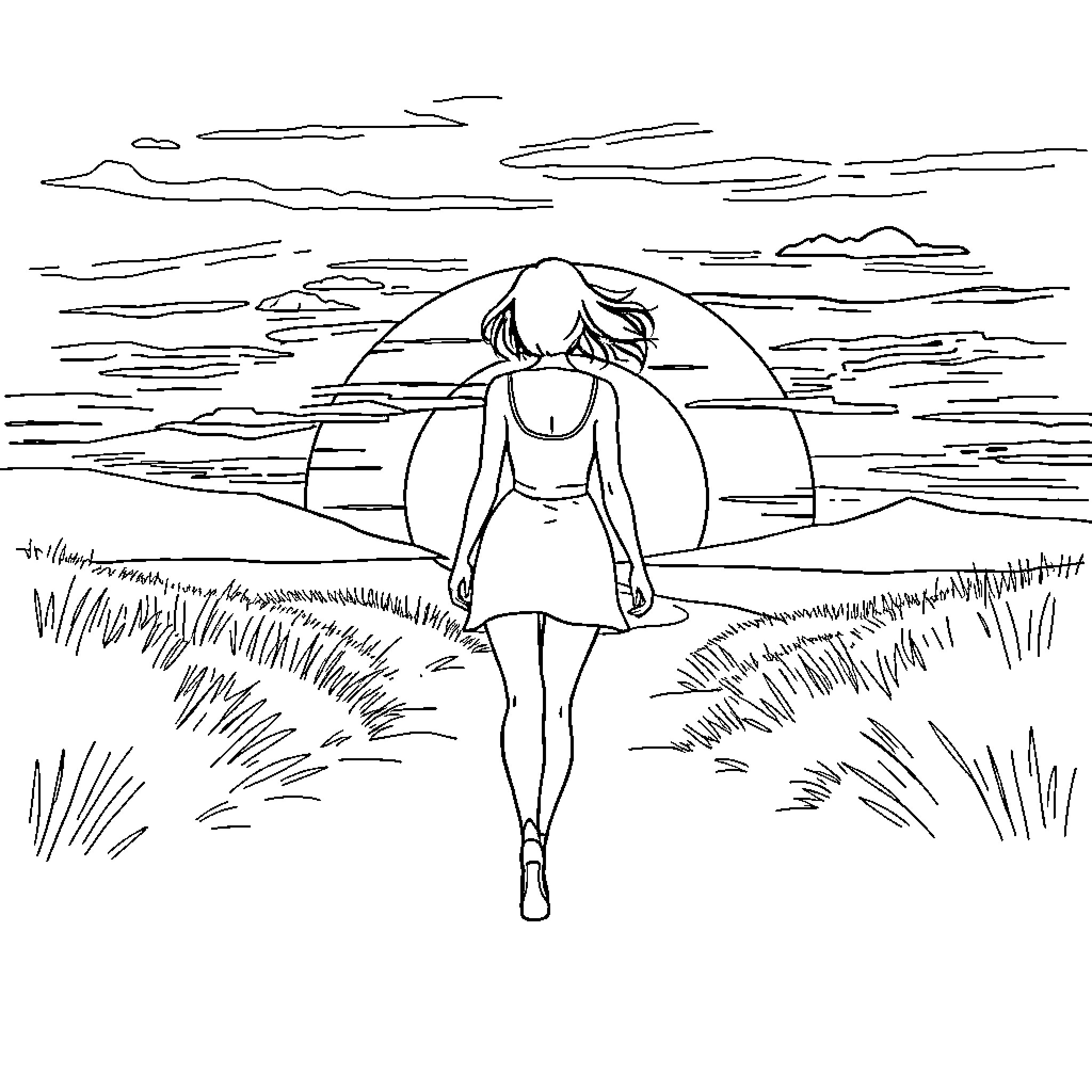 Female Silhouette Walking Towards Sunset Coloring Page (free black-and-white line drawing printable PDF for all, from beginners to advanced learners, including children, teens, adults, and seniors)