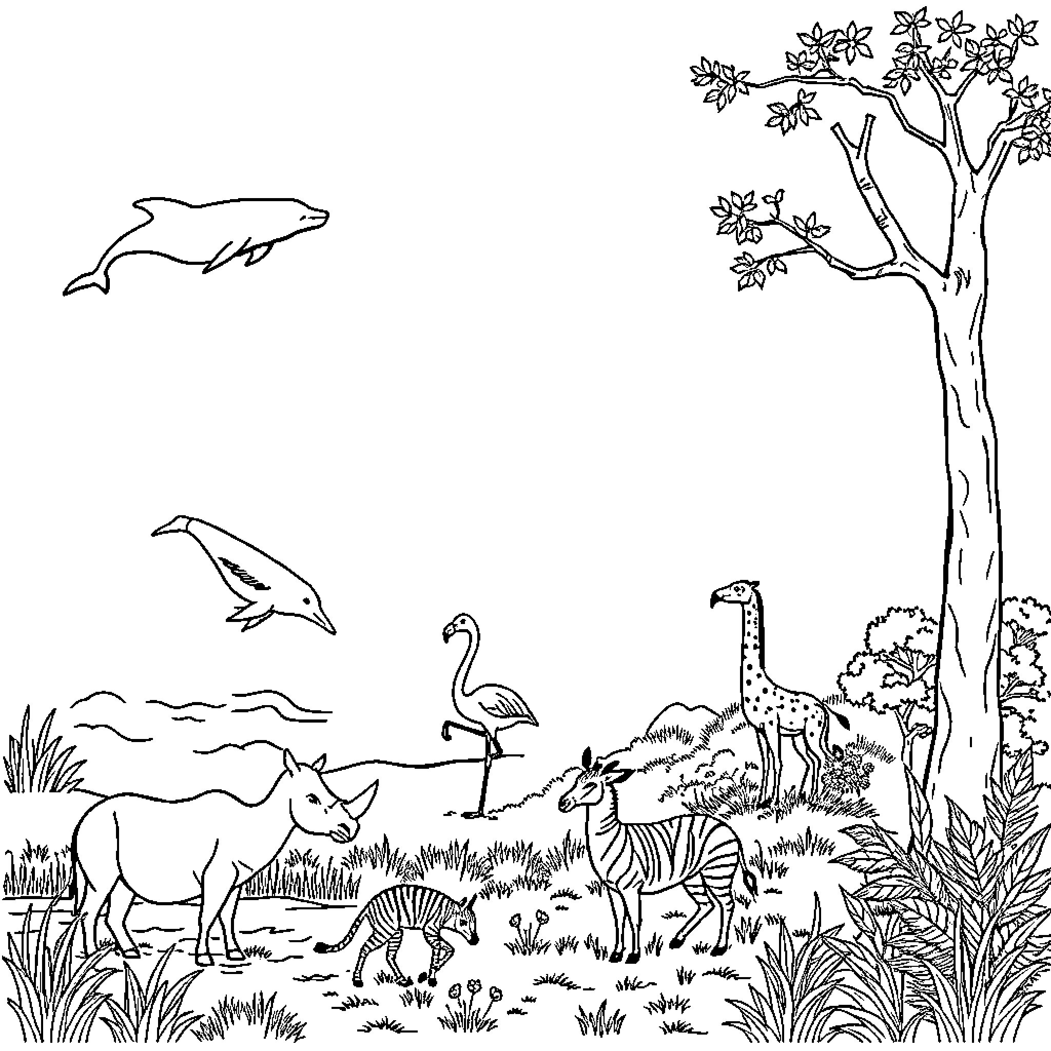 Animal Creatures in Vibrant Nature Scene Coloring Page (free black-and-white line drawing printable PDF for all, from beginners to advanced learners, including children, teens, adults, and seniors)