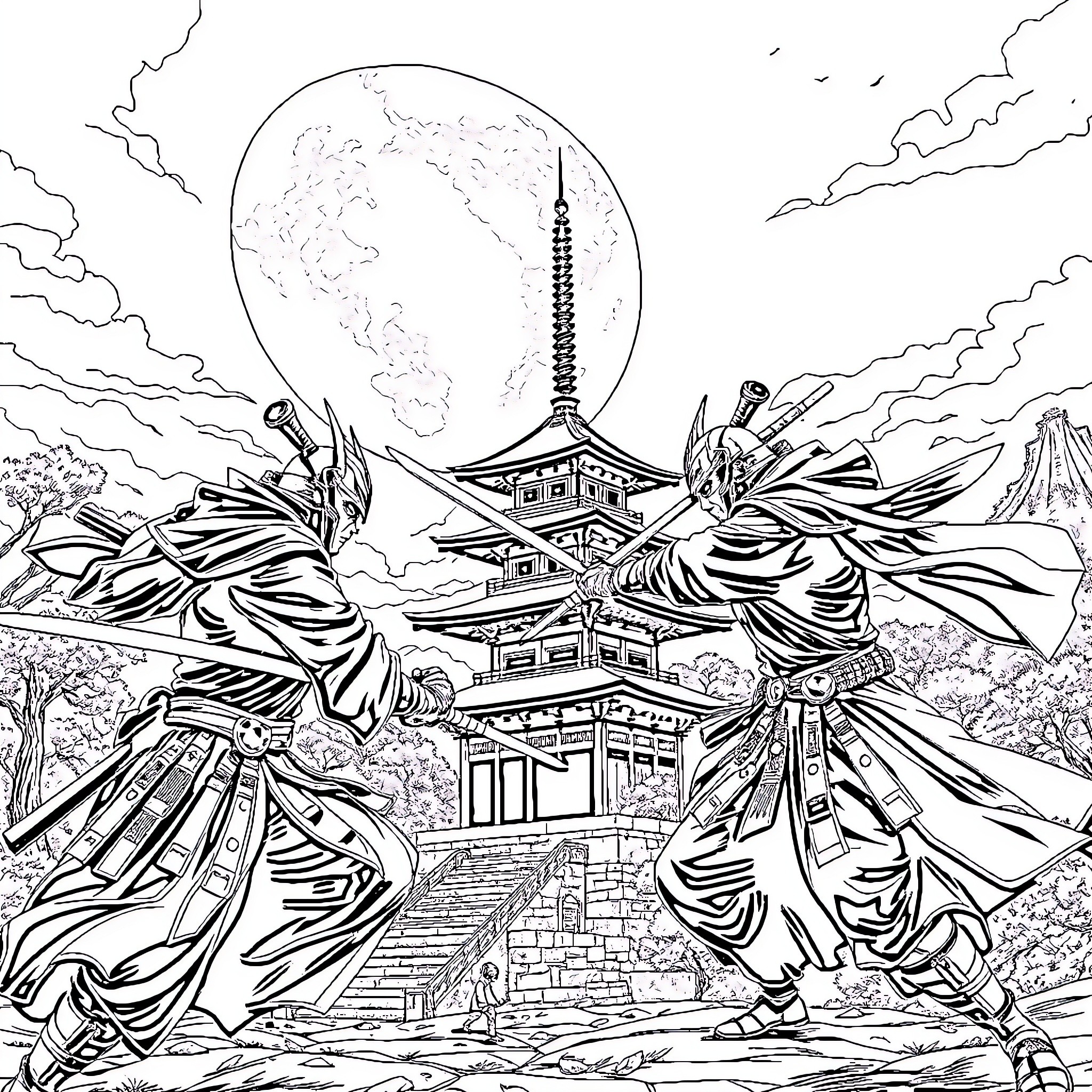 Samurai Guarding Ancient Japanese Temple Under Moonlight Coloring Page (free black-and-white line drawing printable PDF for all, from beginners to advanced learners, including children, teens, adults, and seniors)