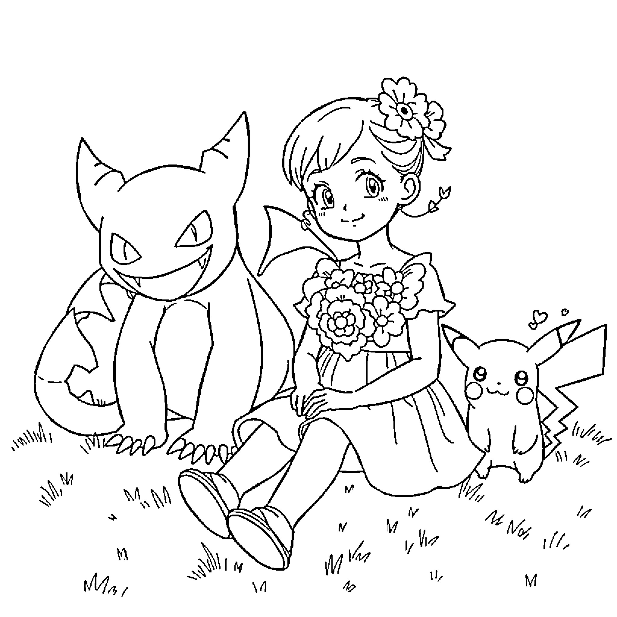 Girl Playing with Pokémon Characters Coloring Page (free black-and-white line drawing printable PDF for all, from beginners to advanced learners, including children, teens, adults, and seniors)