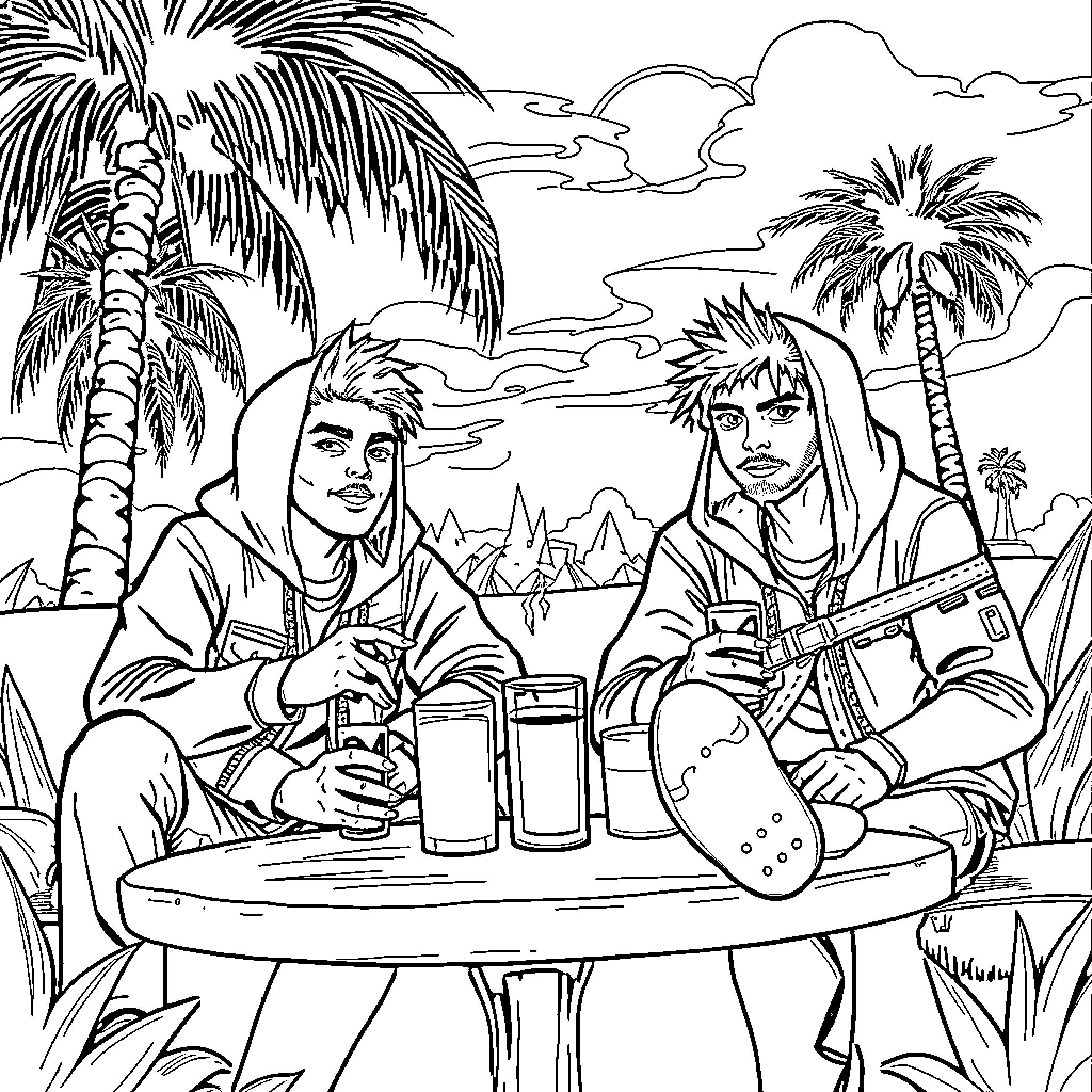 Saja Boys Enjoying Refreshments in Tropical Oasis Coloring Page (free black-and-white line drawing printable PDF for all, from beginners to advanced learners, including children, teens, adults, and seniors)