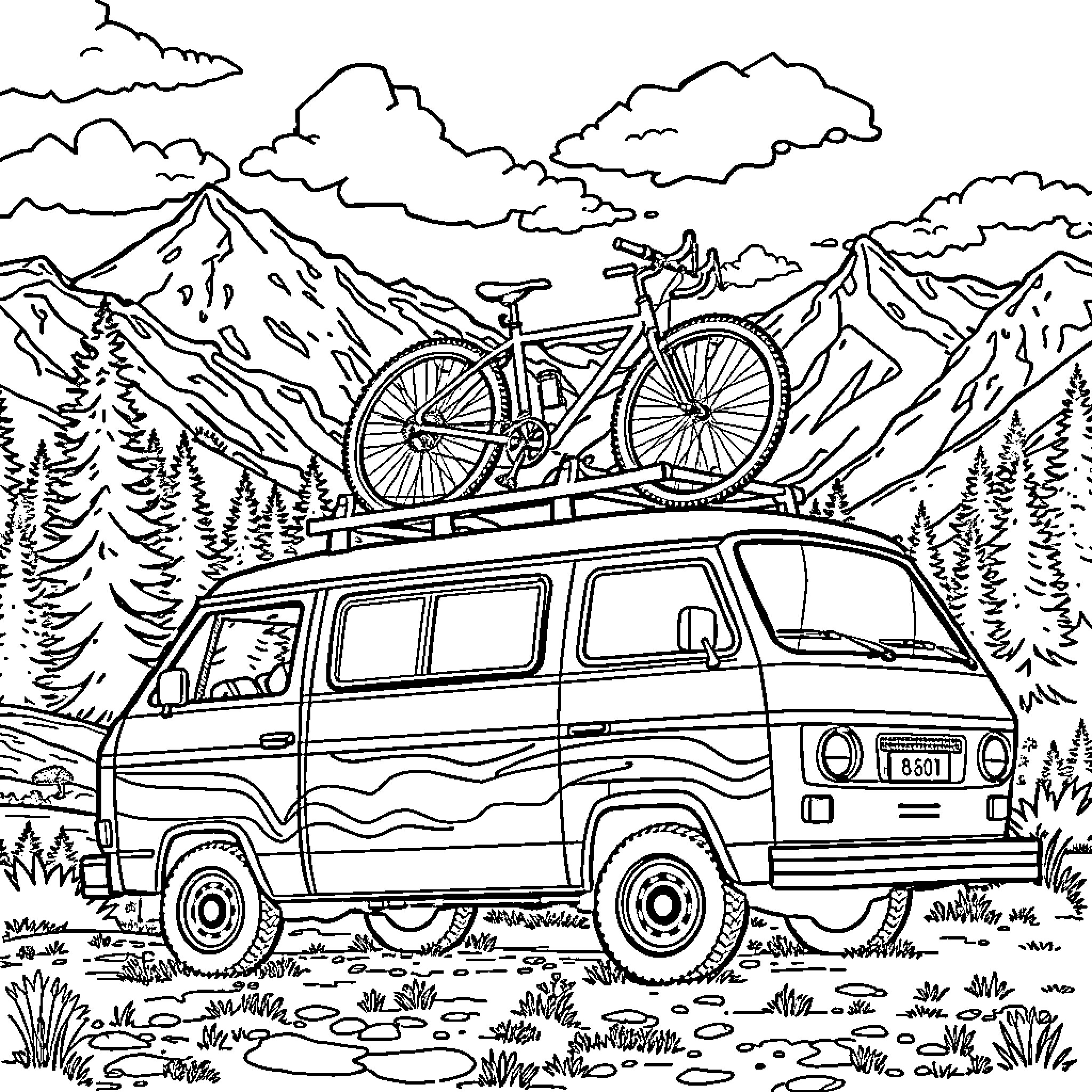 Mountain Bike Adventure in the Countryside Coloring Page (free black-and-white line drawing printable PDF for all, from beginners to advanced learners, including children, teens, adults, and seniors)