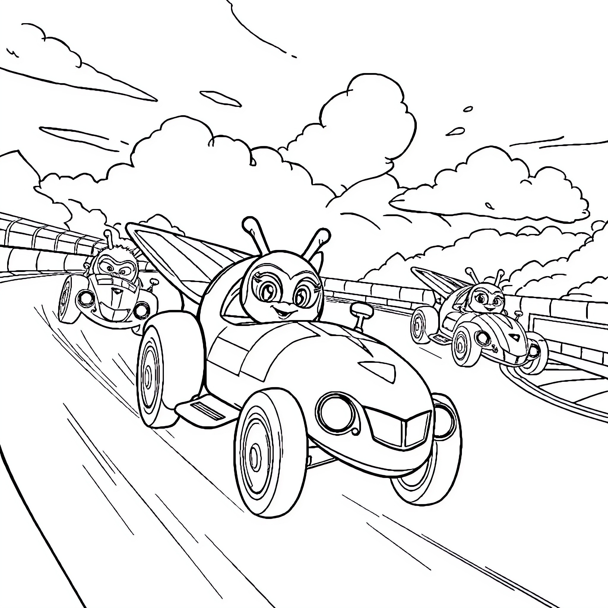 Patrol of Animated Vehicles on the Road Coloring Page (free black-and-white line drawing printable PDF for all, from beginners to advanced learners, including children, teens, adults, and seniors)