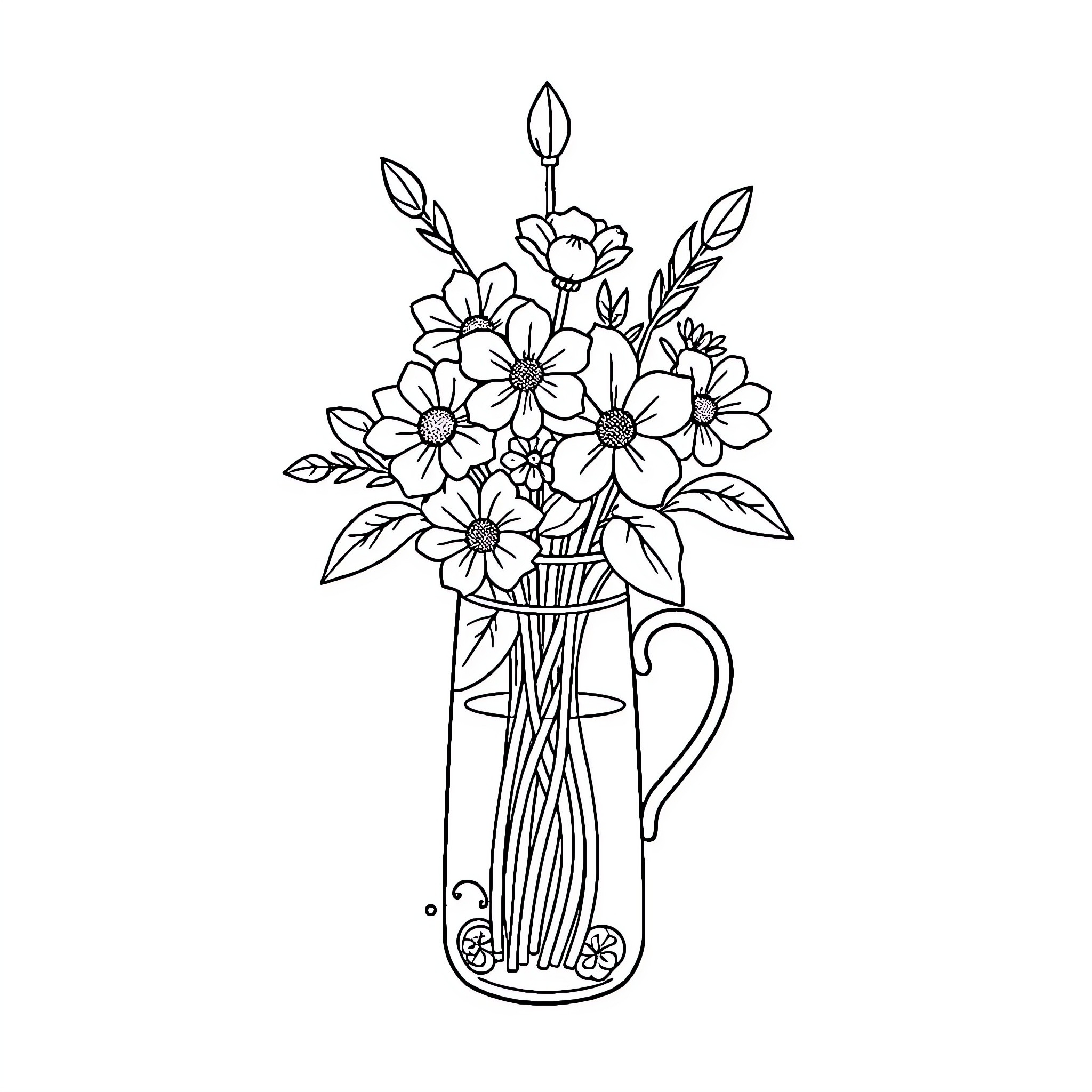 Bong Bouquet of Floral Delight Coloring Page (free black-and-white line drawing printable PDF for all, from beginners to advanced learners, including children, teens, adults, and seniors)