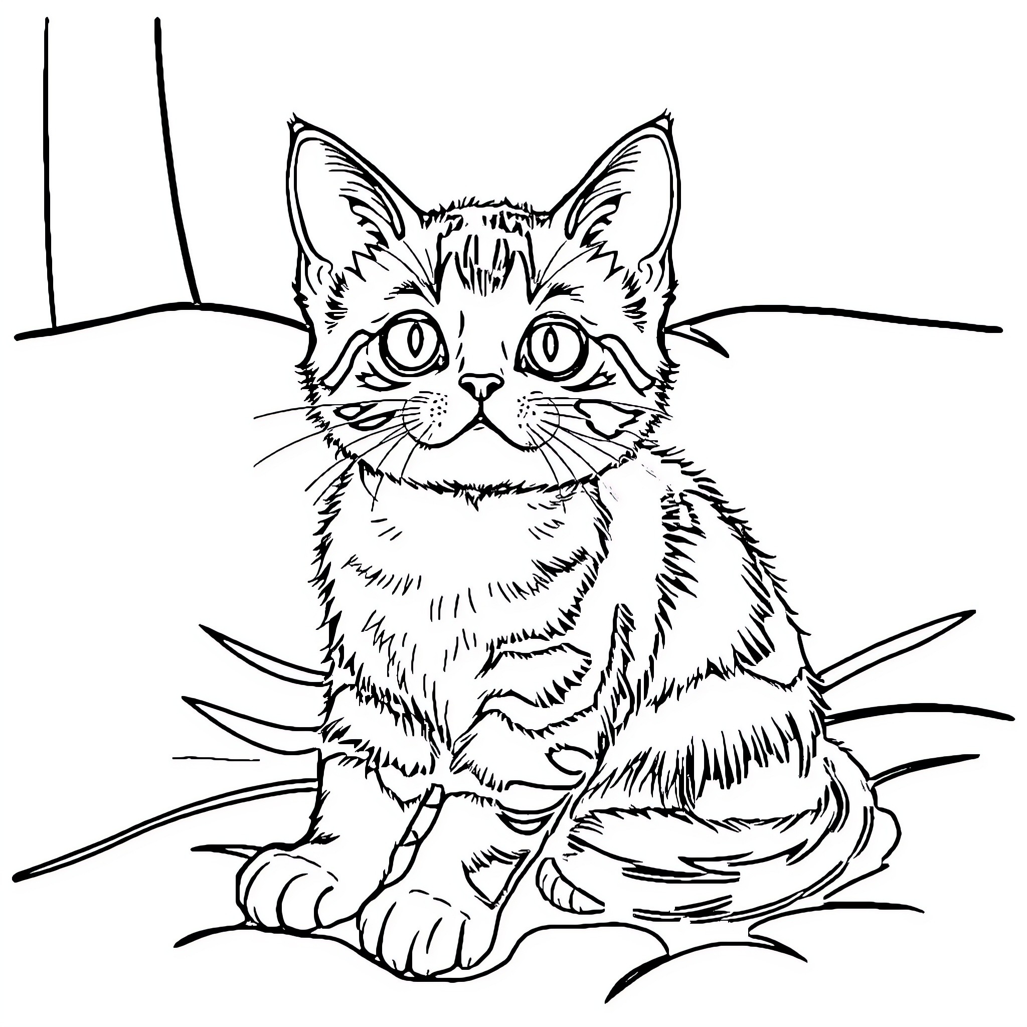 Cat peeking curiously from behind branches Coloring Page (free black-and-white line drawing printable PDF for all, from beginners to advanced learners, including children, teens, adults, and seniors)
