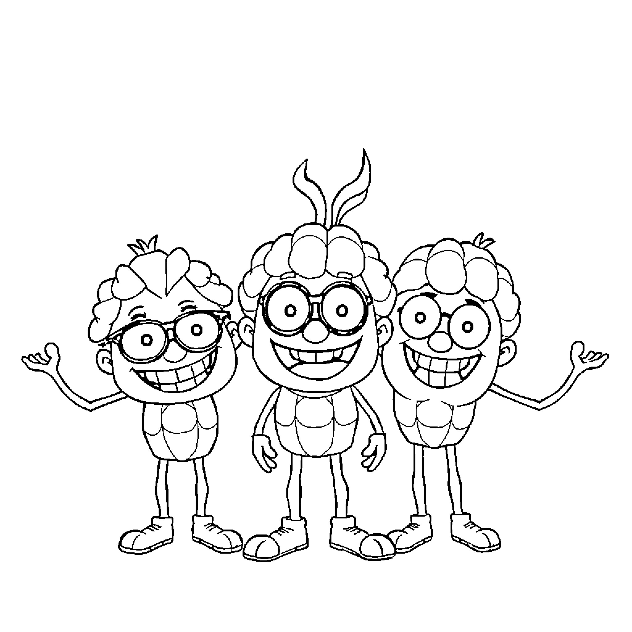 Brainrots characters expressing joy and excitement Coloring Page (free black-and-white line drawing printable PDF for all, from beginners to advanced learners, including children, teens, adults, and seniors)