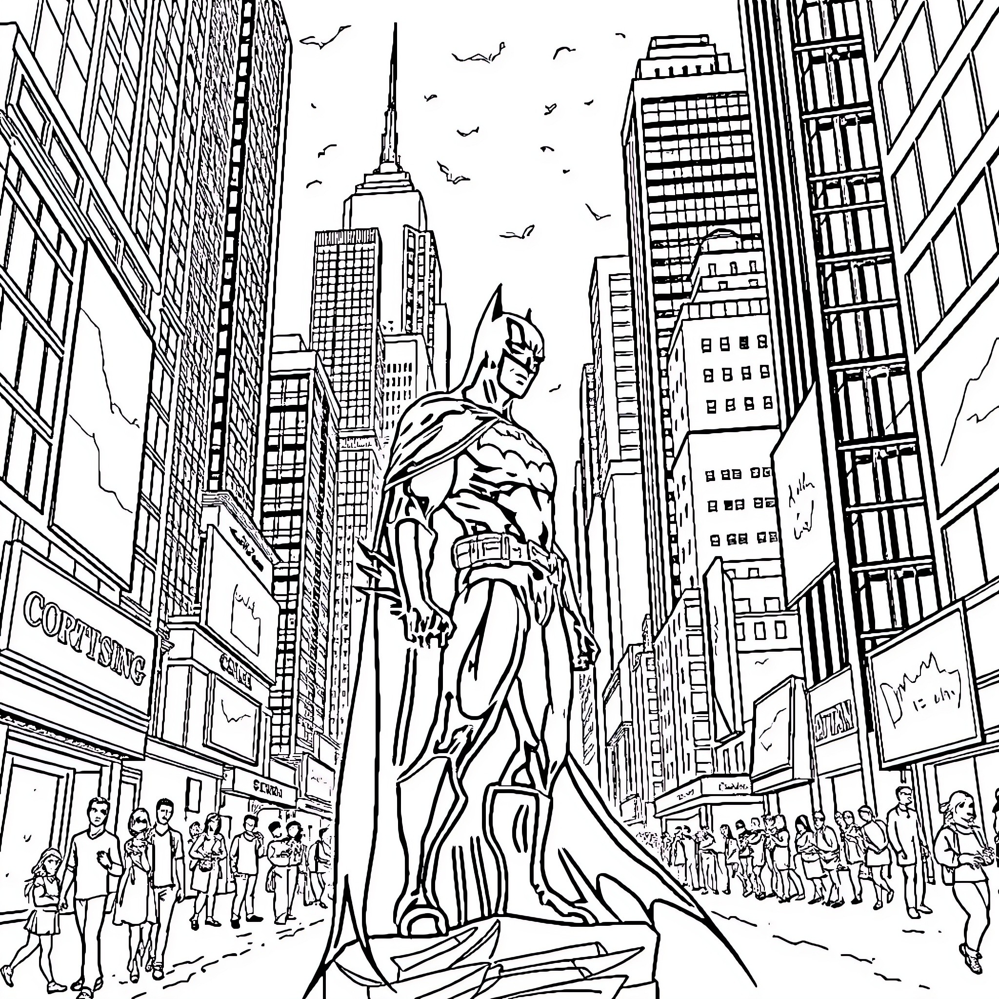 ATM Man Surveying the Bustling City Streets Coloring Page (free black-and-white line drawing printable PDF for all, from beginners to advanced learners, including children, teens, adults, and seniors)