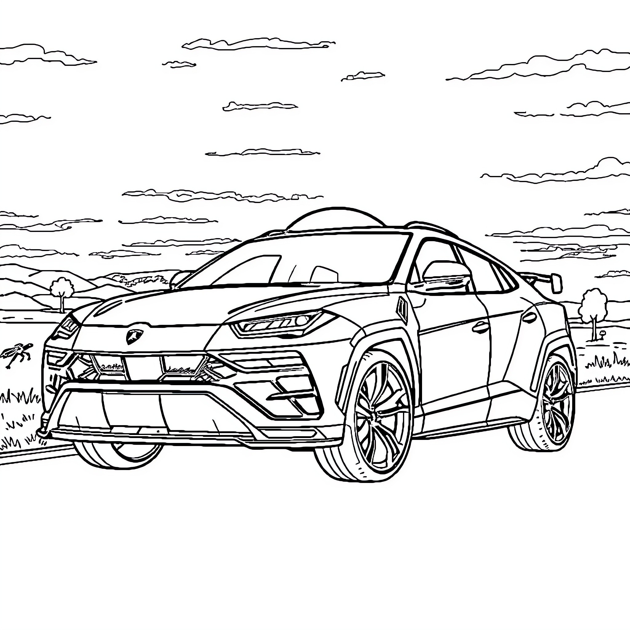 Lamborghini luxury sports car on open road Coloring Page (free black-and-white line drawing printable PDF for all, from beginners to advanced learners, including children, teens, adults, and seniors)