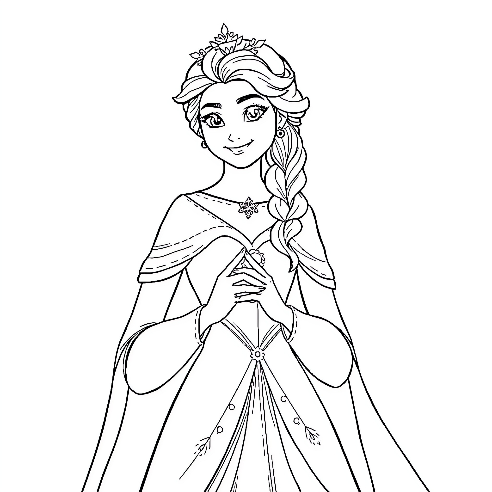 Queen's Majestic Poise and Grace Coloring Page (free black-and-white line drawing printable PDF for all, from beginners to advanced learners, including children, teens, adults, and seniors)