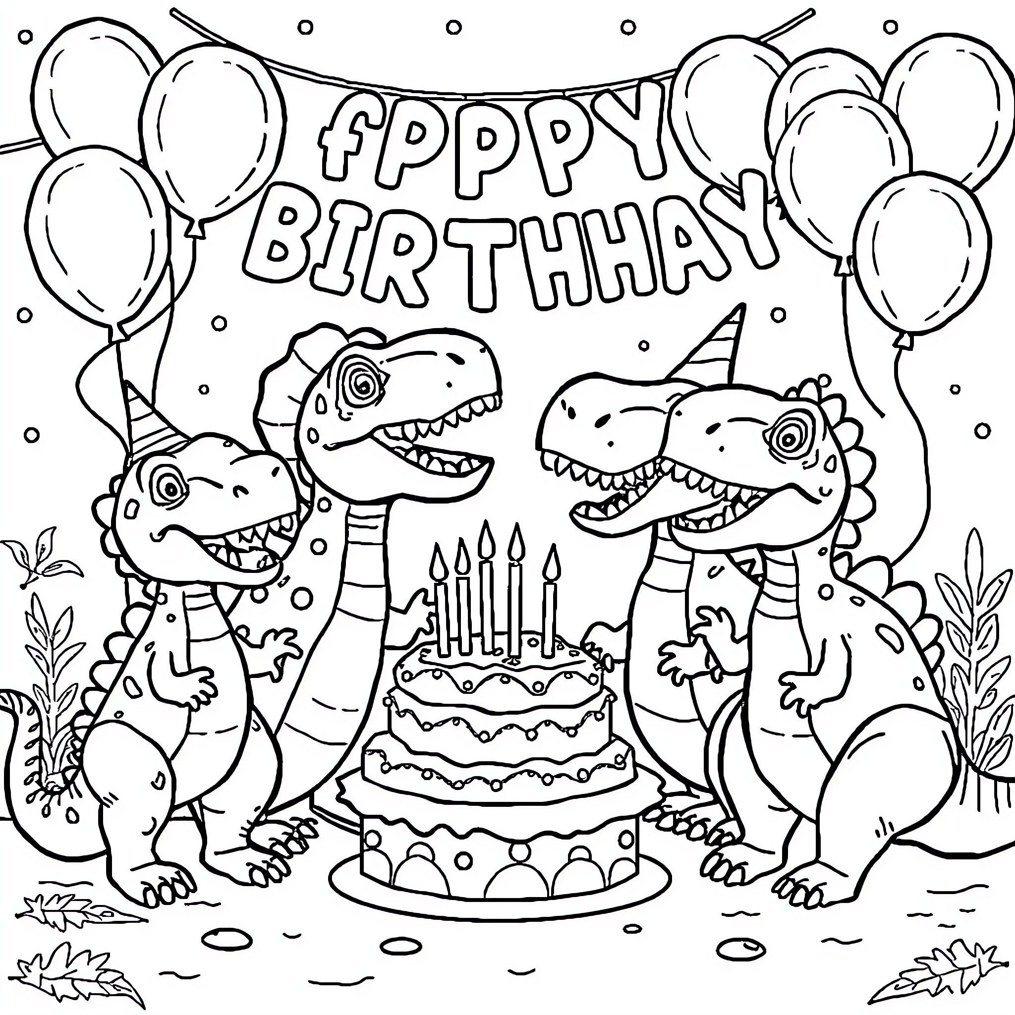 Dinosaur Birthday Party with Cake and Balloons Coloring Page (free black-and-white line drawing printable PDF for all, from beginners to advanced learners, including children, teens, adults, and seniors)