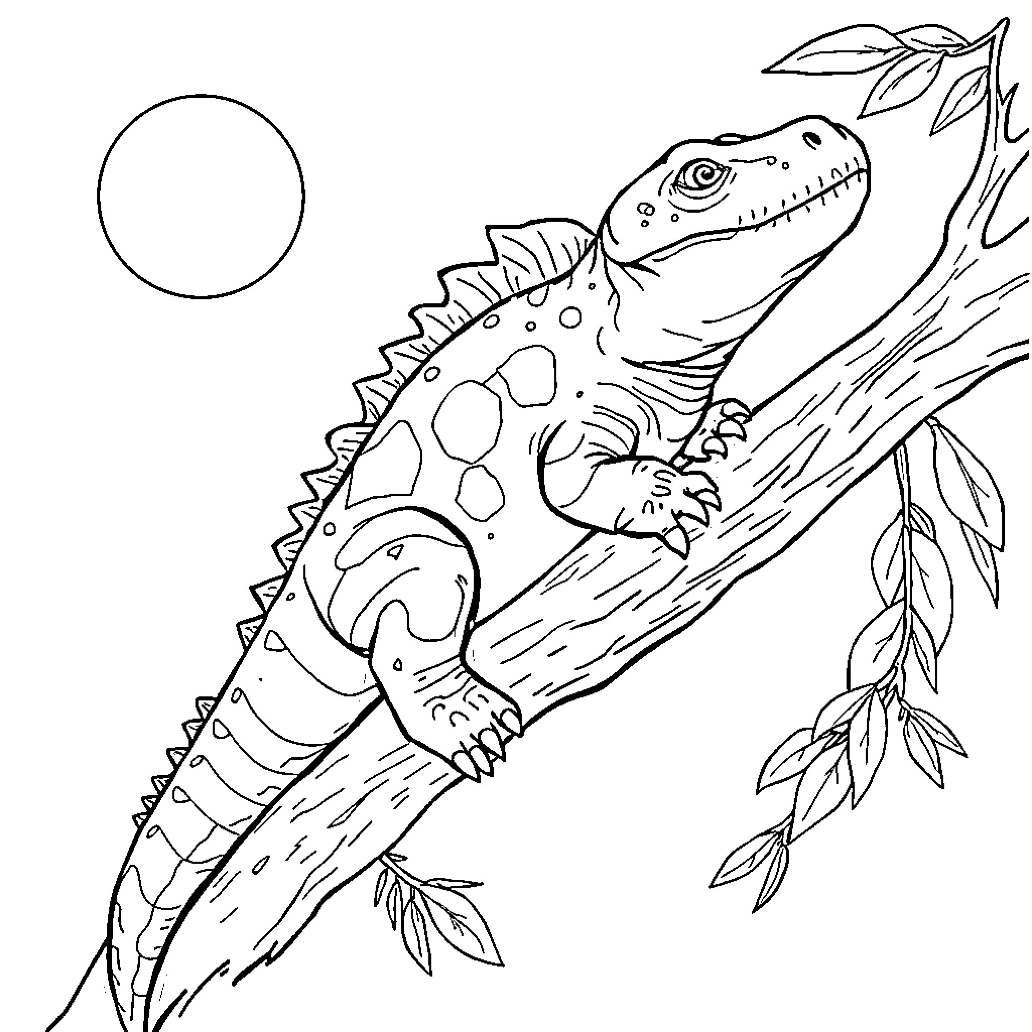 Hydrosaurus resting on a branch in the moonlight Coloring Page (free black-and-white line drawing printable PDF for all, from beginners to advanced learners, including children, teens, adults, and seniors)