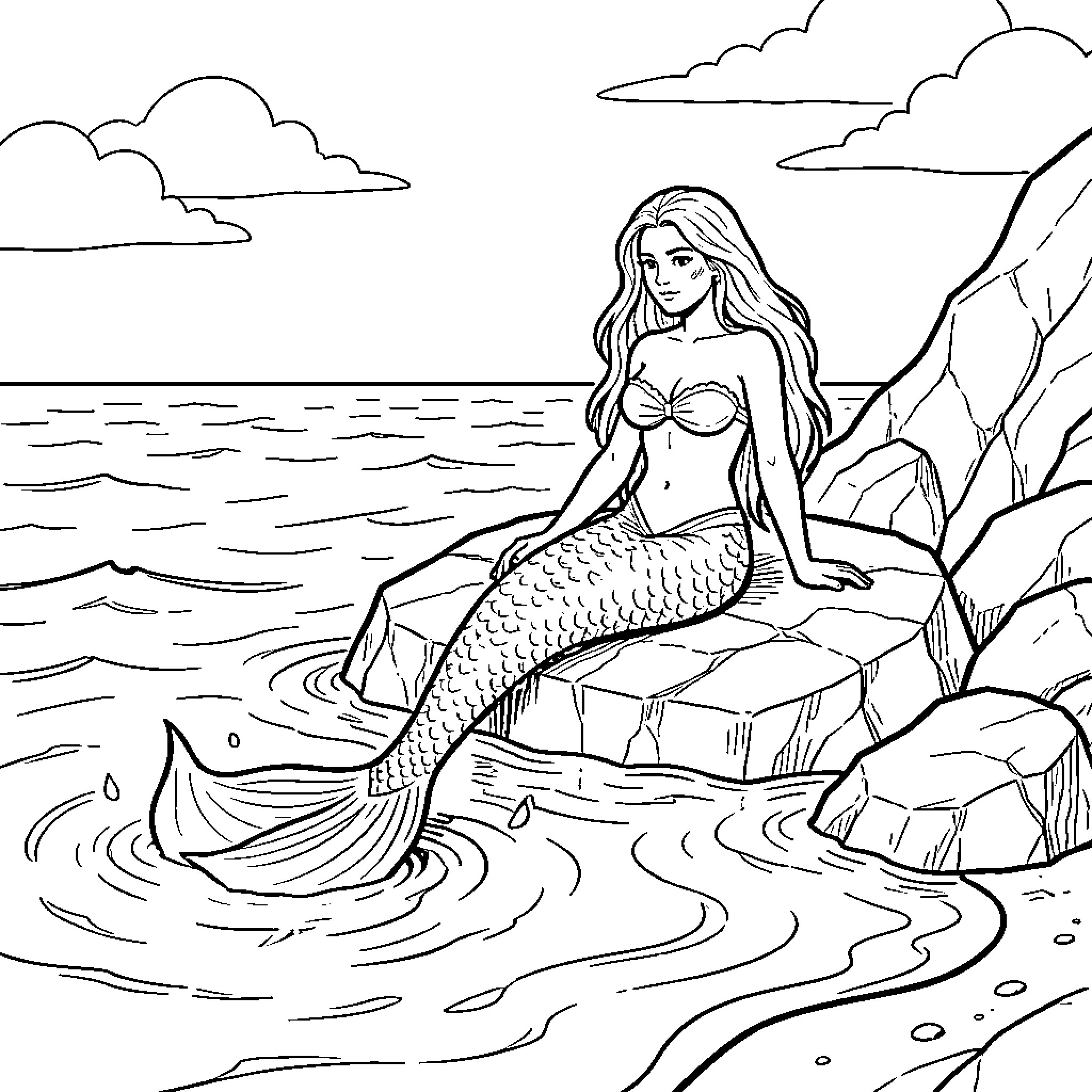 Mermaid sitting peacefully on a rock by the sea Coloring Page (free black-and-white line drawing printable PDF for all, from beginners to advanced learners, including children, teens, adults, and seniors)