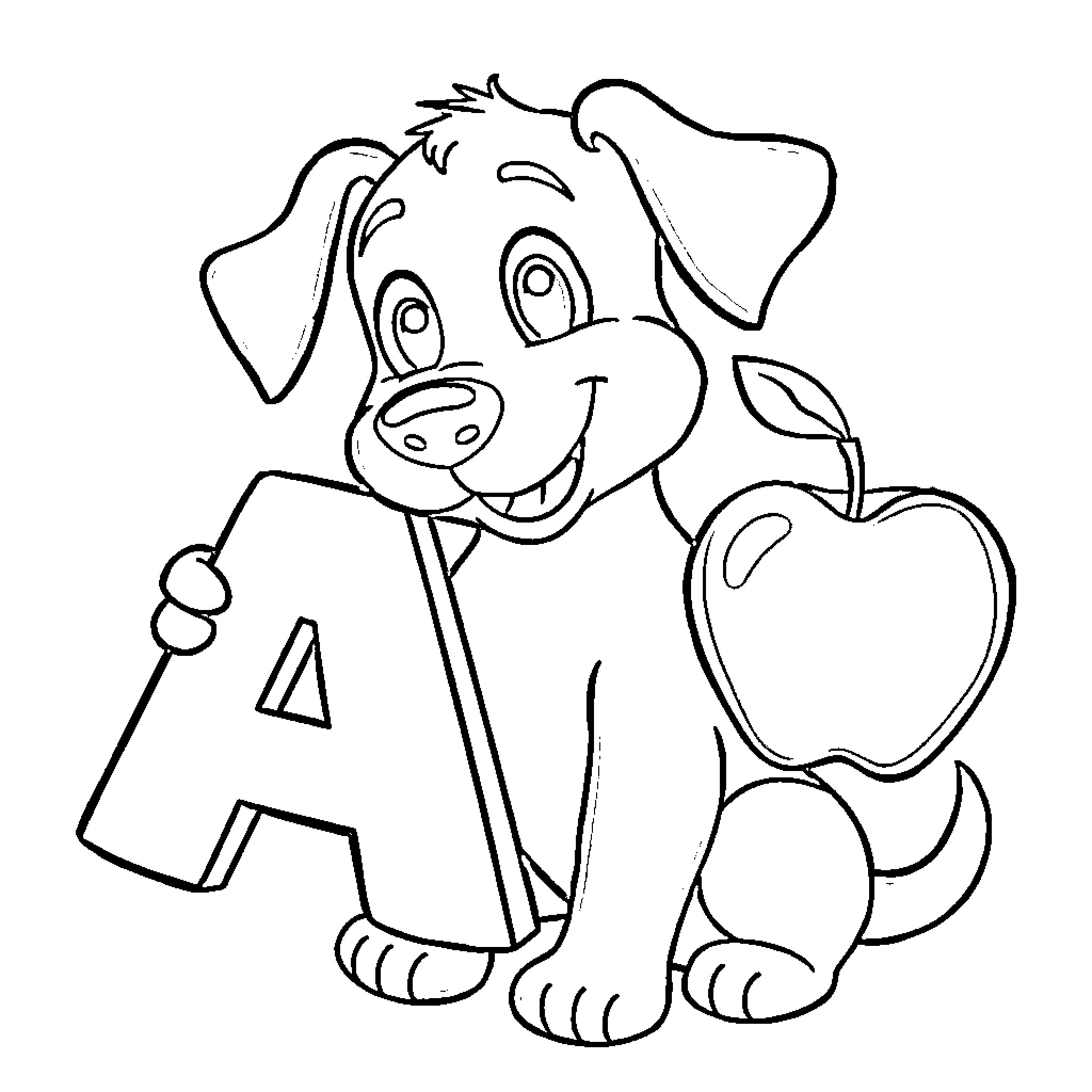 Bluey the Friendly Puppy with Apple Coloring Page (free black-and-white line drawing printable PDF for all, from beginners to advanced learners, including children, teens, adults, and seniors)