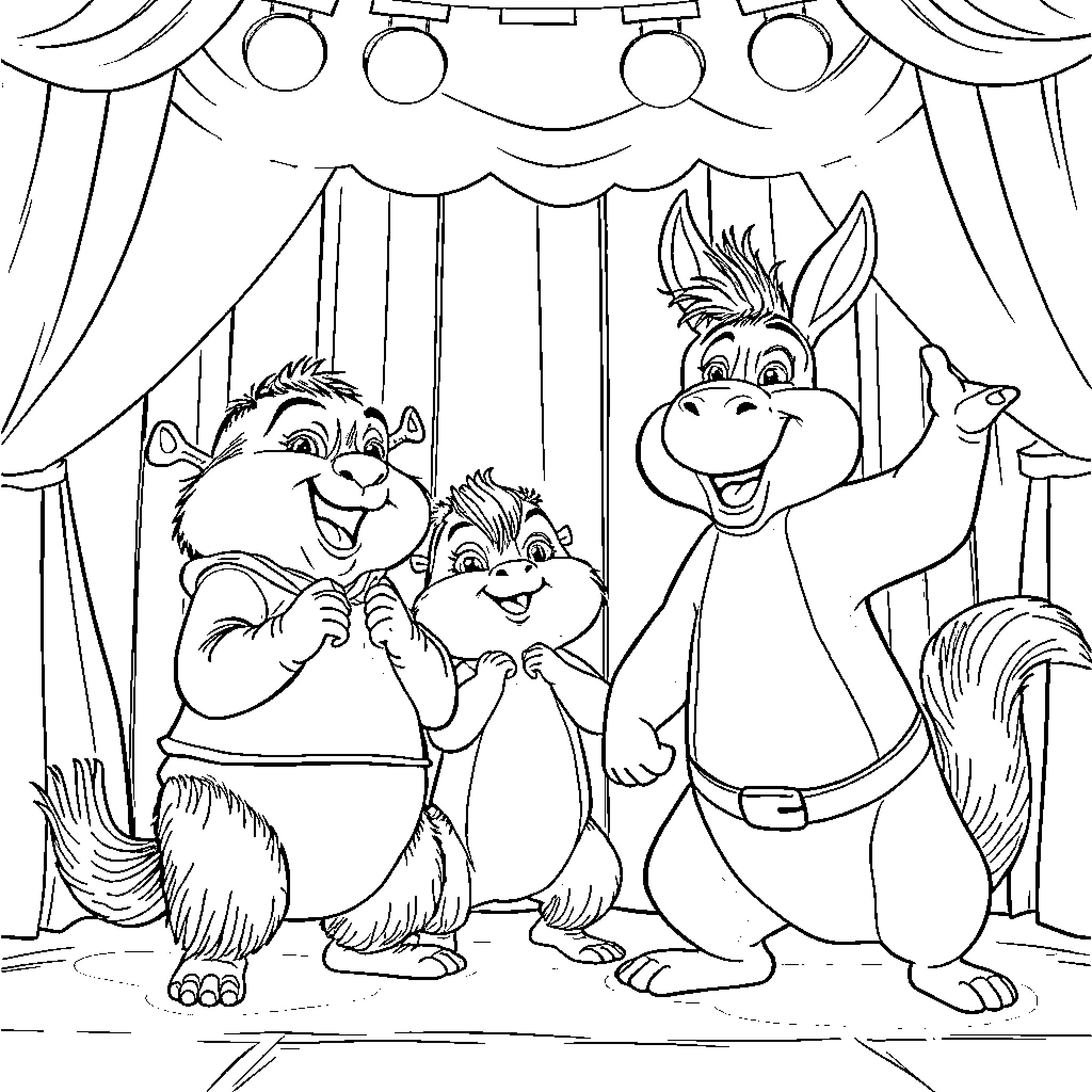 Chipmunk performers on stage Coloring Page (free black-and-white line drawing printable PDF for all, from beginners to advanced learners, including children, teens, adults, and seniors)