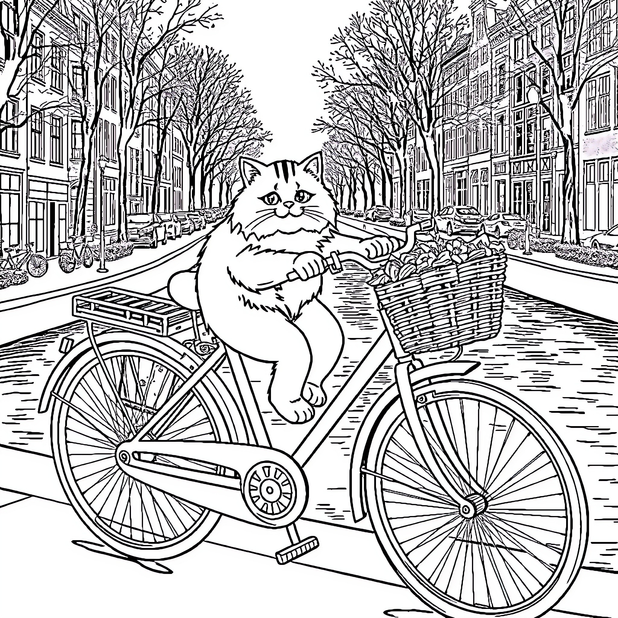 Bicycle Ride Through Cozy City Street Coloring Page (free black-and-white line drawing printable PDF for all, from beginners to advanced learners, including children, teens, adults, and seniors)