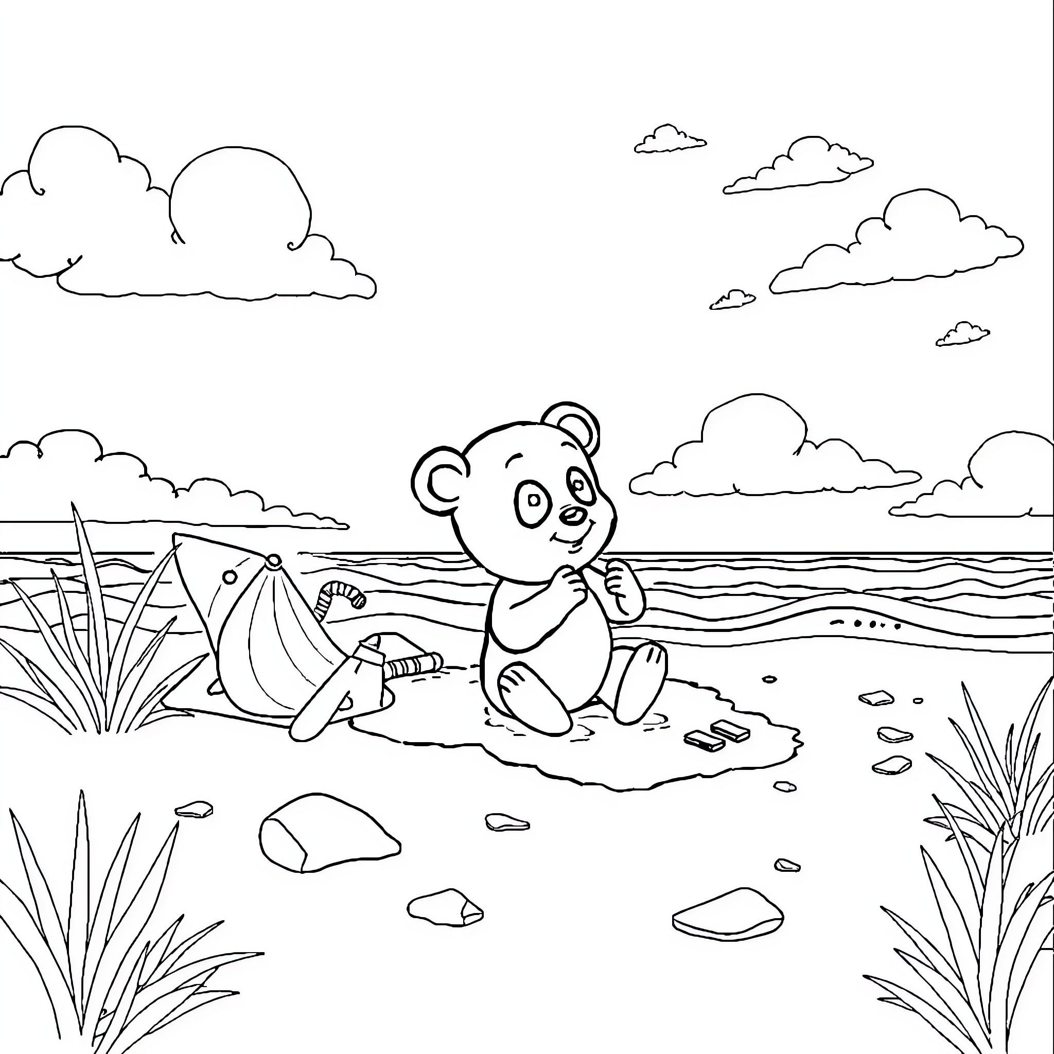 Panpan the Panda's Beach Adventure Coloring Page (free black-and-white line drawing printable PDF for all, from beginners to advanced learners, including children, teens, adults, and seniors)
