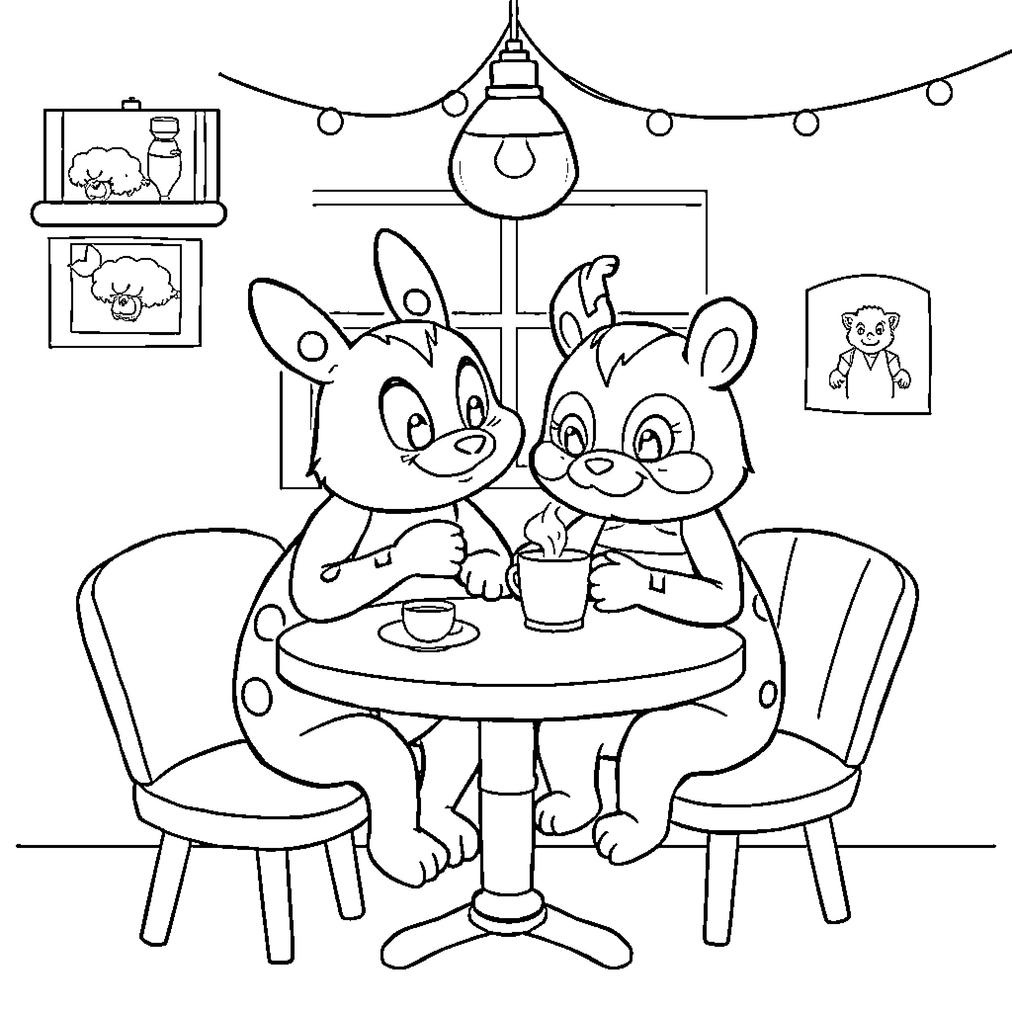 Tralalero: Cute Cartoon Characters Sharing a Cozy Cafe Scene Coloring Page (free black-and-white line drawing printable PDF for all, from beginners to advanced learners, including children, teens, adults, and seniors)