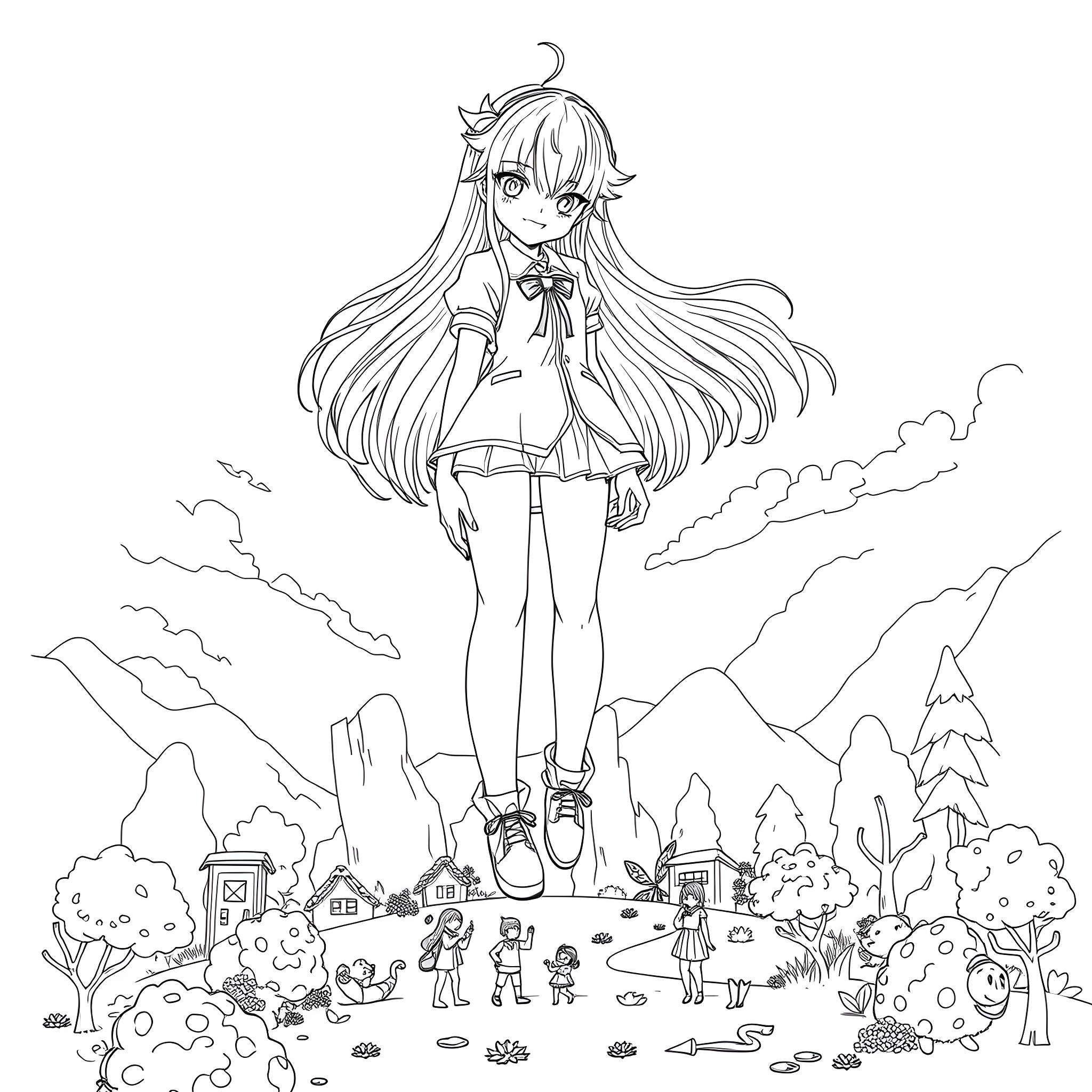 Giantess overlooks a charming village scene Coloring Page (free black-and-white line drawing printable PDF for all, from beginners to advanced learners, including children, teens, adults, and seniors)
