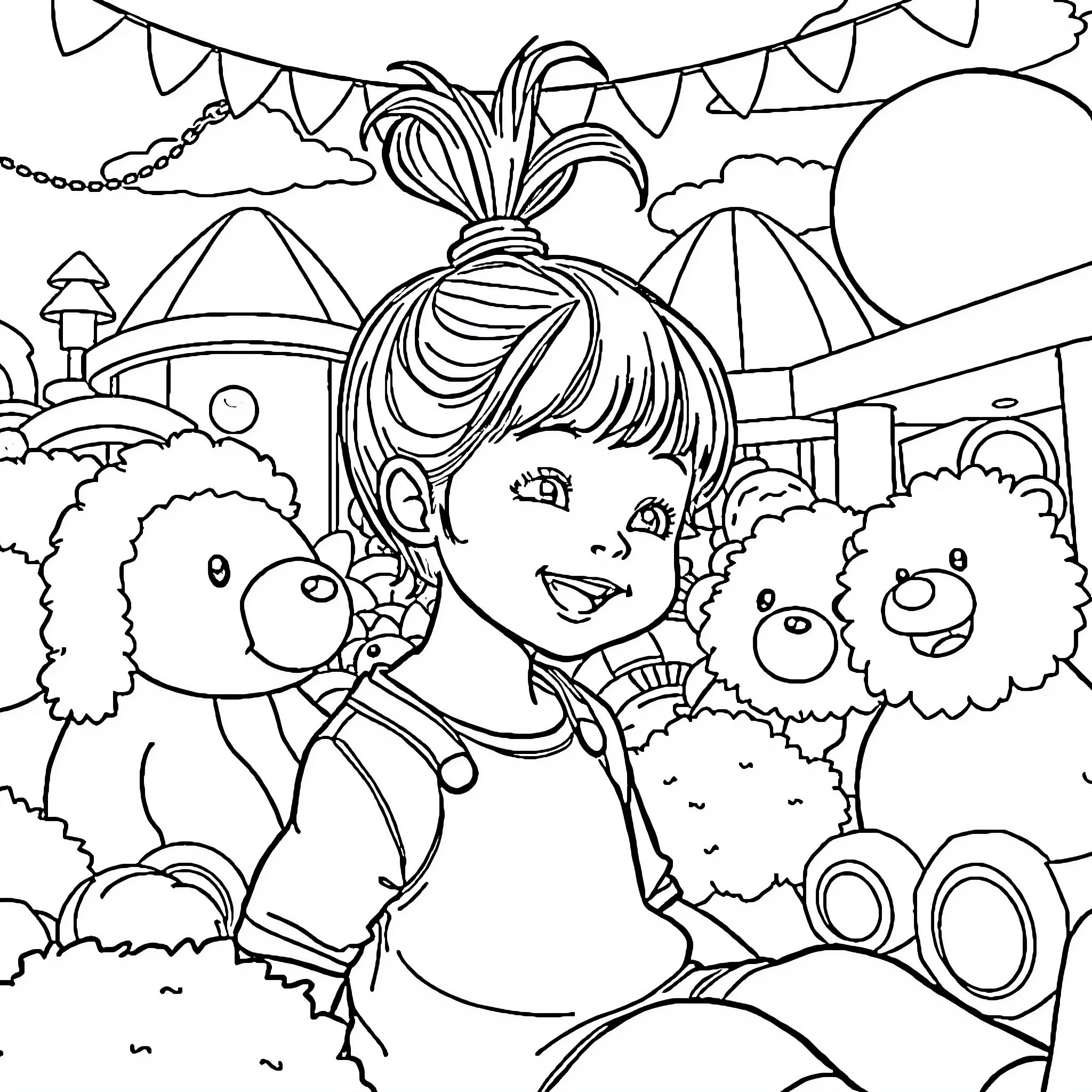 Girl playing joyfully with animal friends in a whimsical park Coloring Page (free black-and-white line drawing printable PDF for all, from beginners to advanced learners, including children, teens, adults, and seniors)