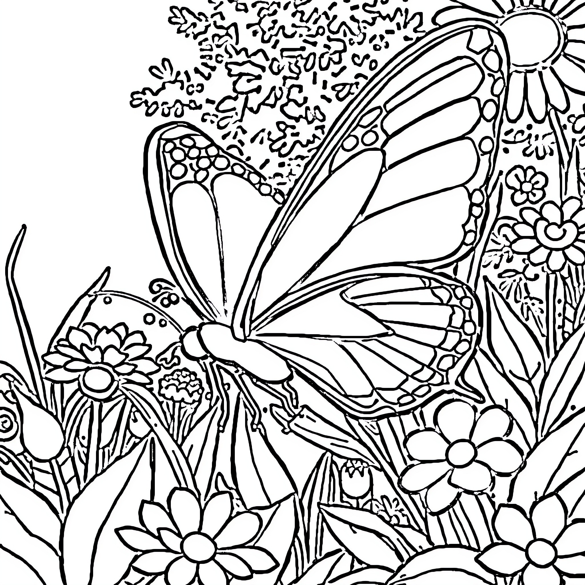 Butterfly Amid Floral Blooms Coloring Page (free black-and-white line drawing printable PDF for all, from beginners to advanced learners, including children, teens, adults, and seniors)