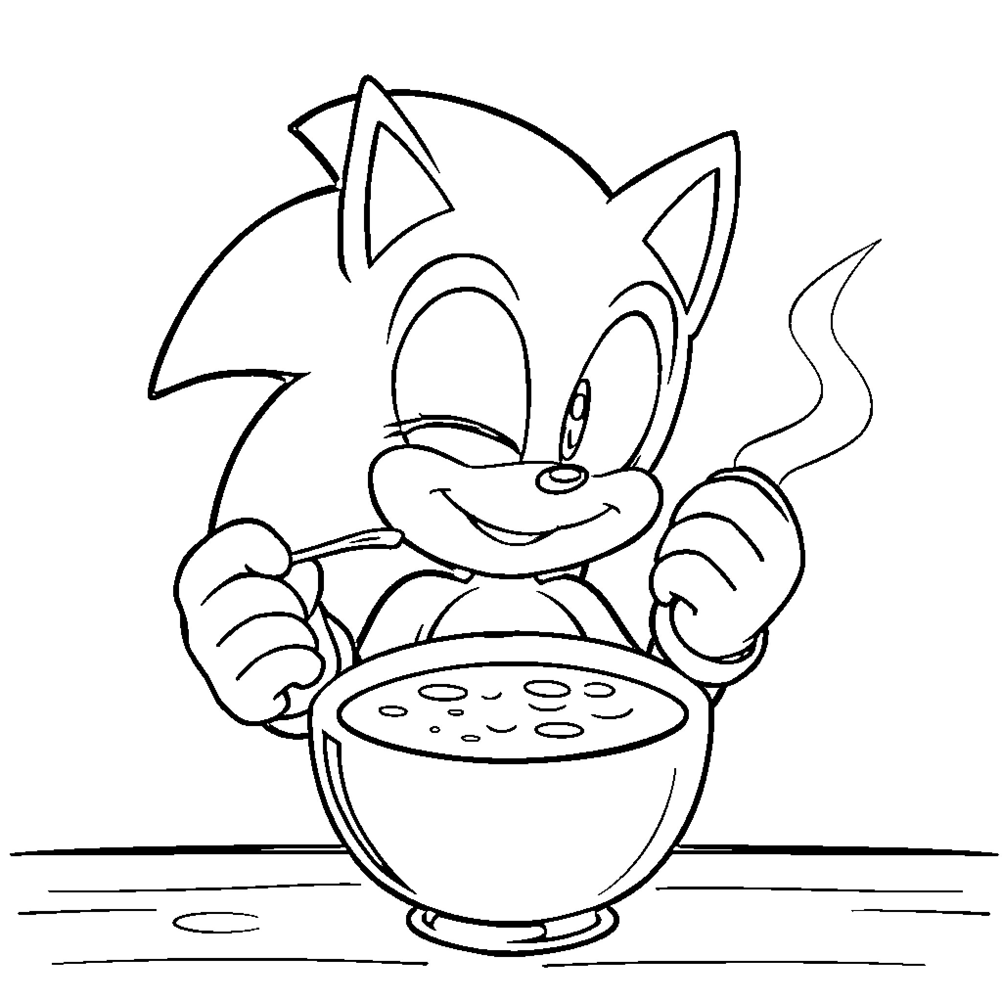 Sonic enjoying a tasty bowl of food Coloring Page (free black-and-white line drawing printable PDF for all, from beginners to advanced learners, including children, teens, adults, and seniors)