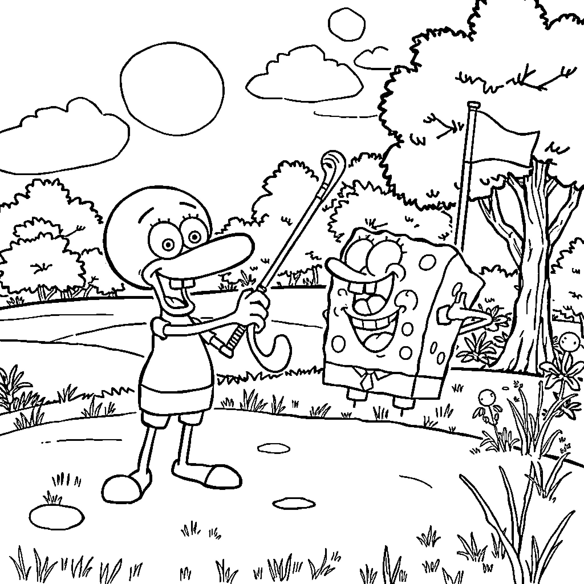 Squidward's Whimsical Garden Adventure Coloring Page (free black-and-white line drawing printable PDF for all, from beginners to advanced learners, including children, teens, adults, and seniors)