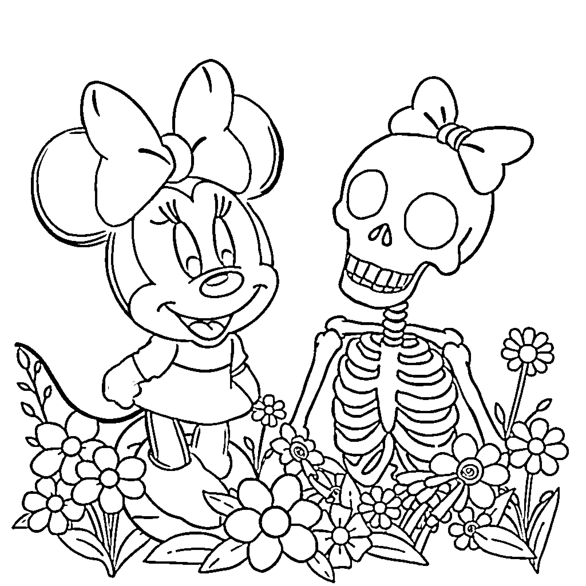 Minnie's Cheerful Encounter with Skeleton Friend Coloring Page (free black-and-white line drawing printable PDF for all, from beginners to advanced learners, including children, teens, adults, and seniors)