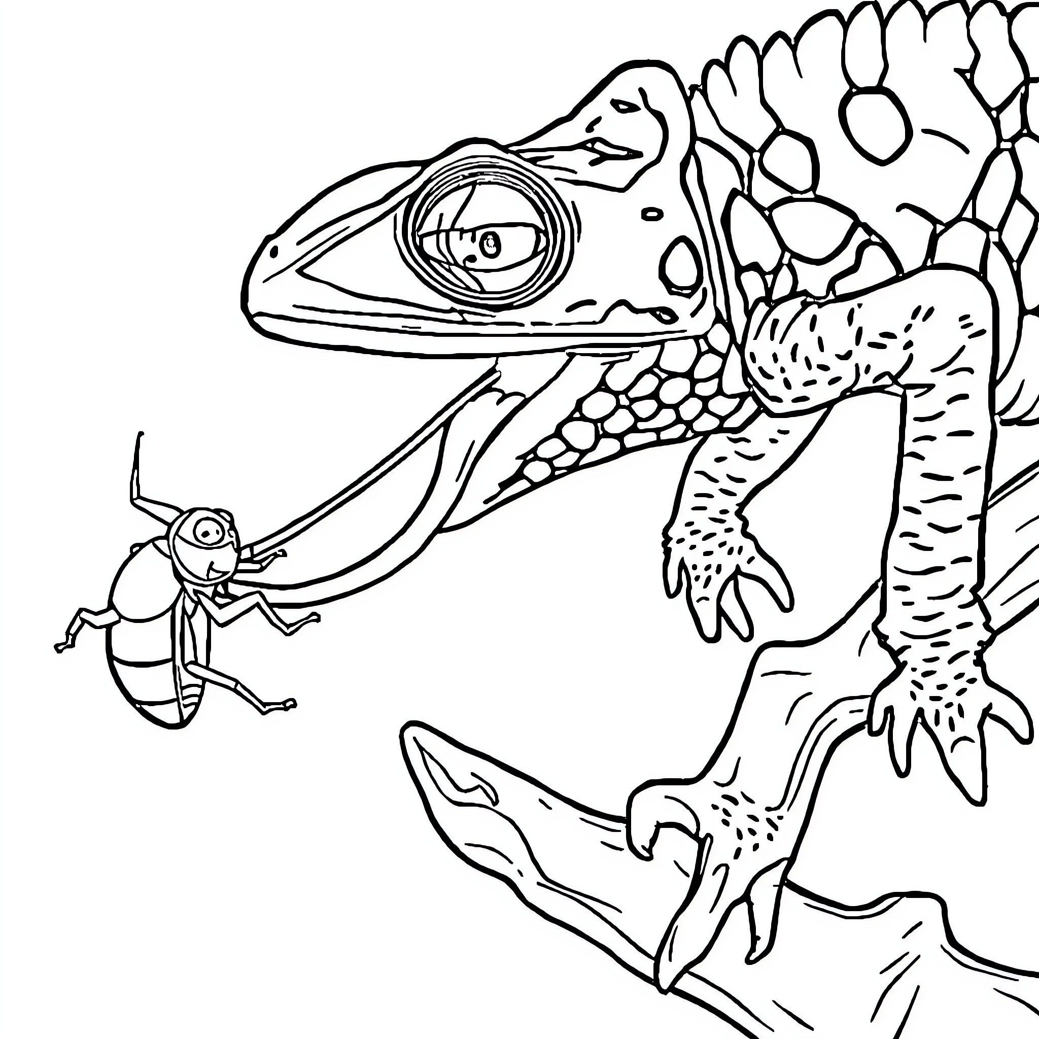 Chameleon Catching Insect in Nature Coloring Page (free black-and-white line drawing printable PDF for all, from beginners to advanced learners, including children, teens, adults, and seniors)