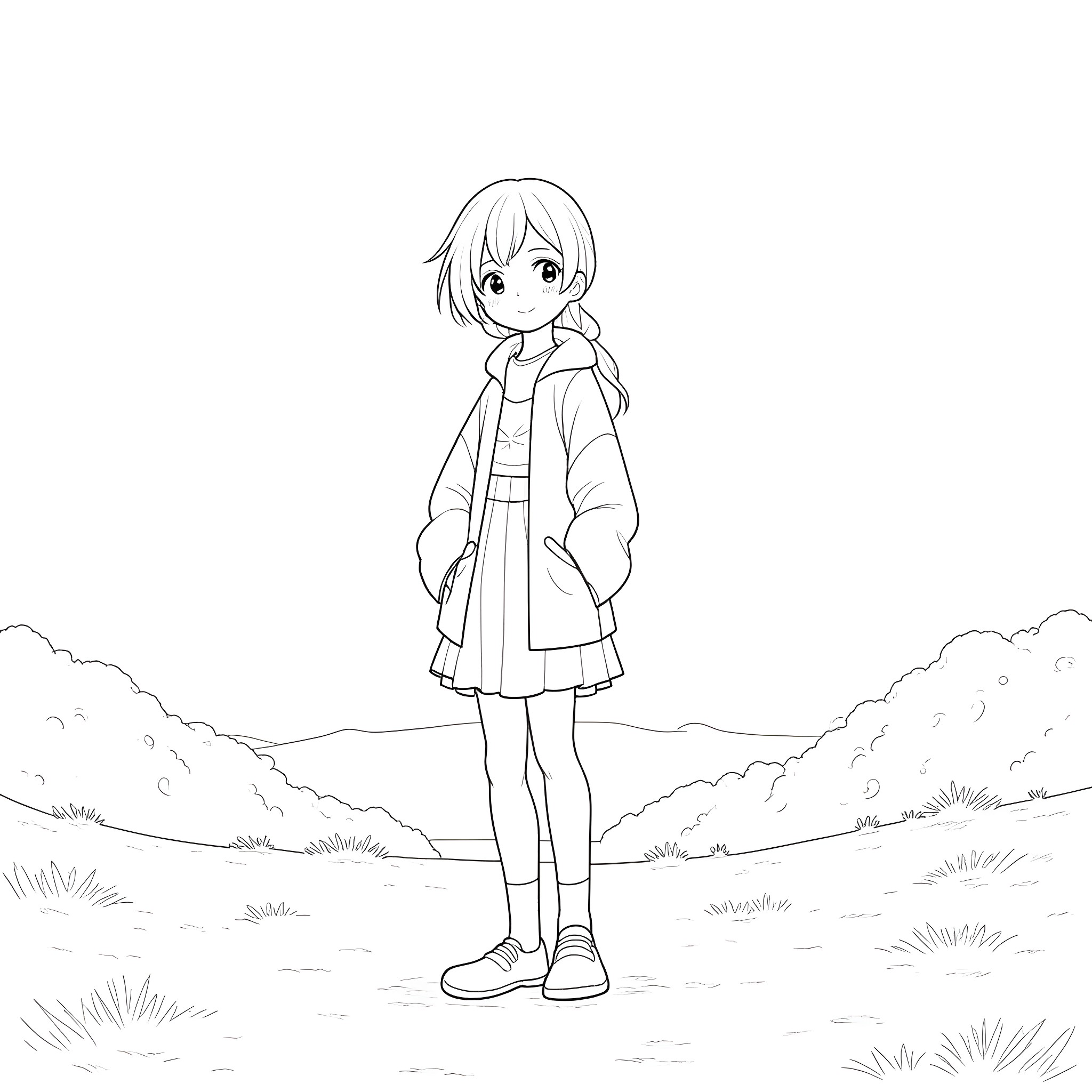 Sakeda in a serene outdoor setting Coloring Page (free black-and-white line drawing printable PDF for all, from beginners to advanced learners, including children, teens, adults, and seniors)