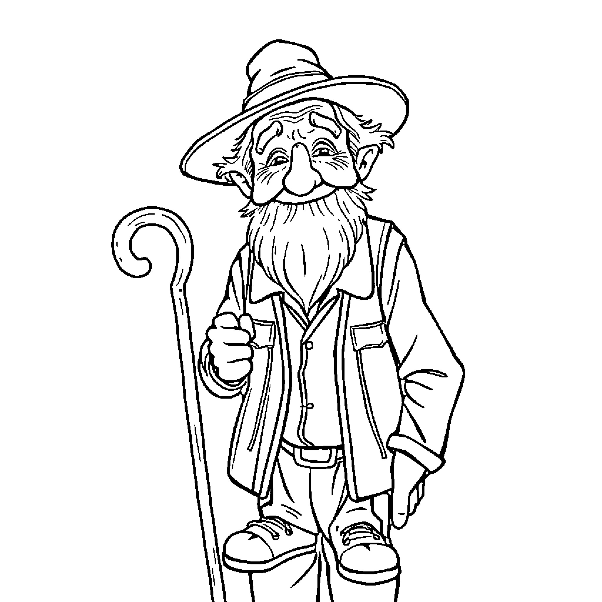 Man in Whimsical Attire with Walking Stick Coloring Page (free black-and-white line drawing printable PDF for all, from beginners to advanced learners, including children, teens, adults, and seniors)
