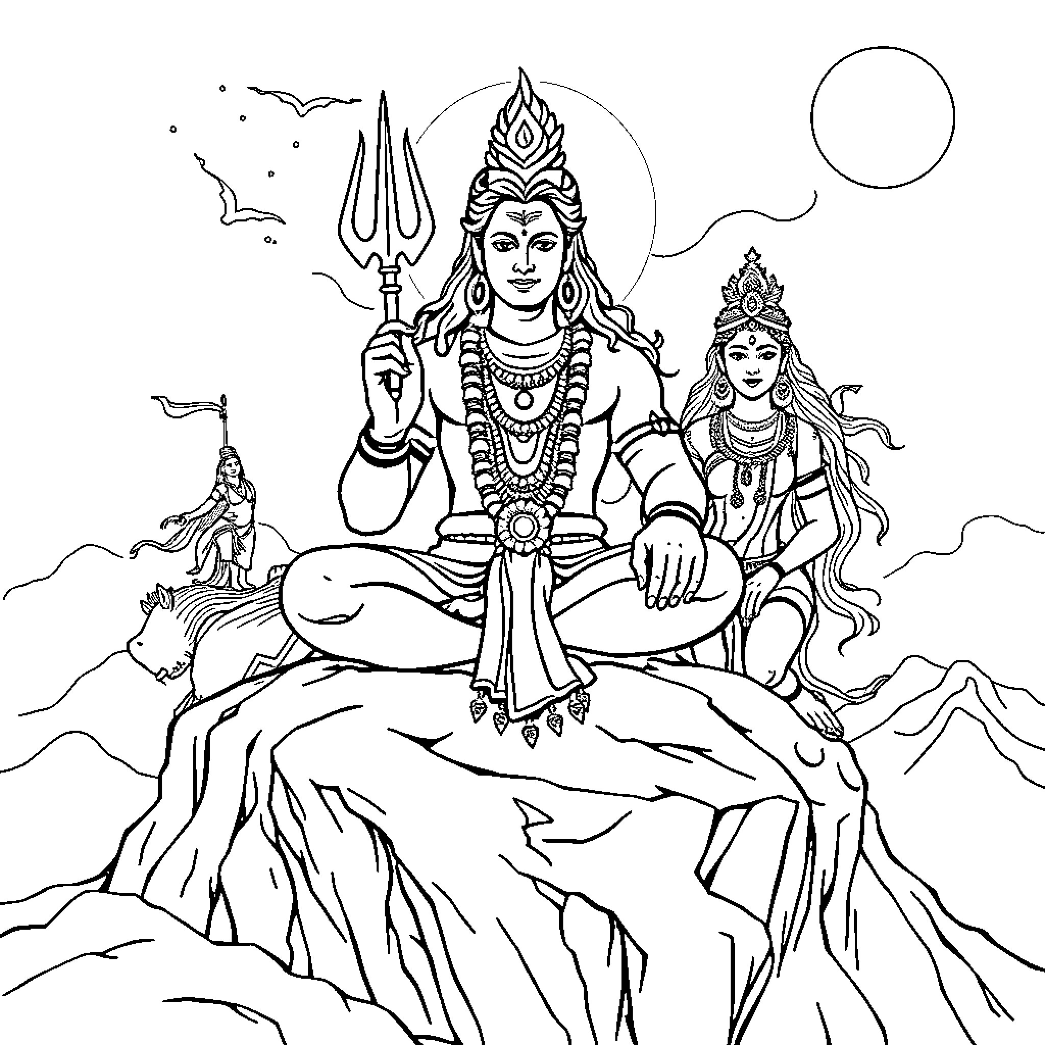 Lord Shiva in Meditative Pose with Parvati Coloring Page (free black-and-white line drawing printable PDF for all, from beginners to advanced learners, including children, teens, adults, and seniors)