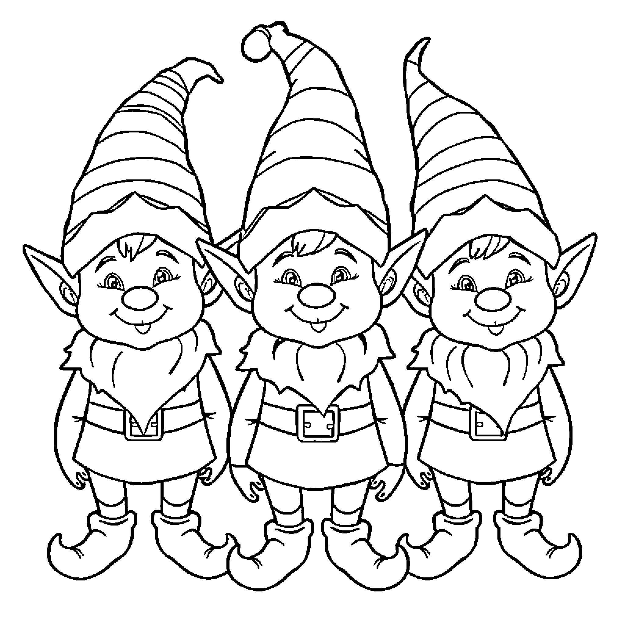 Christmas Elves Happily Smiling and Posing Coloring Page (free black-and-white line drawing printable PDF for all, from beginners to advanced learners, including children, teens, adults, and seniors)