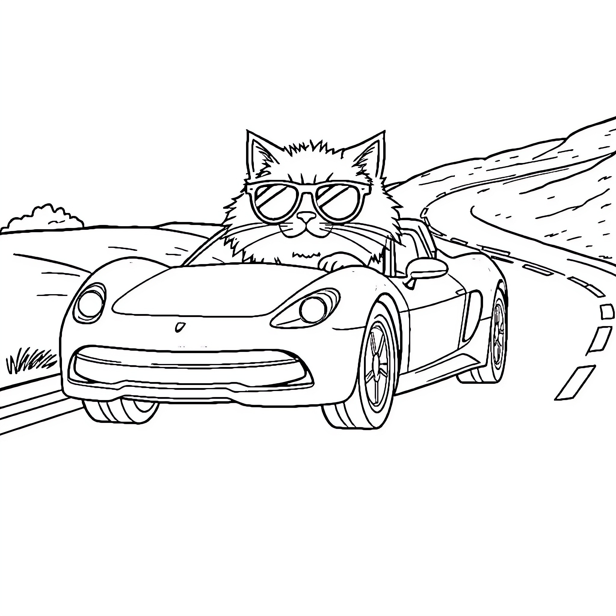 Cat driving sports car on scenic road Coloring Page (free black-and-white line drawing printable PDF for all, from beginners to advanced learners, including children, teens, adults, and seniors)