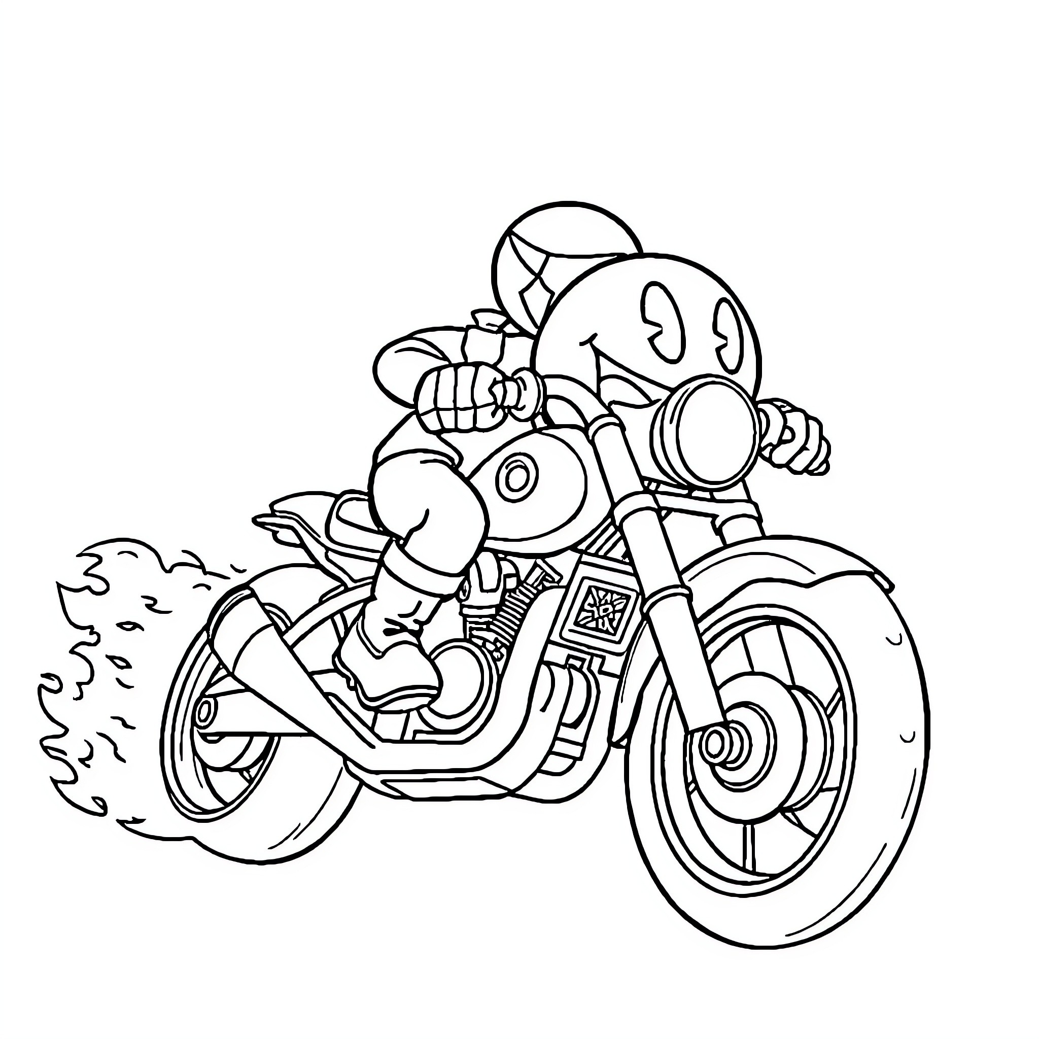Pacman riding a motorcycle with determination Coloring Page (free black-and-white line drawing printable PDF for all, from beginners to advanced learners, including children, teens, adults, and seniors)