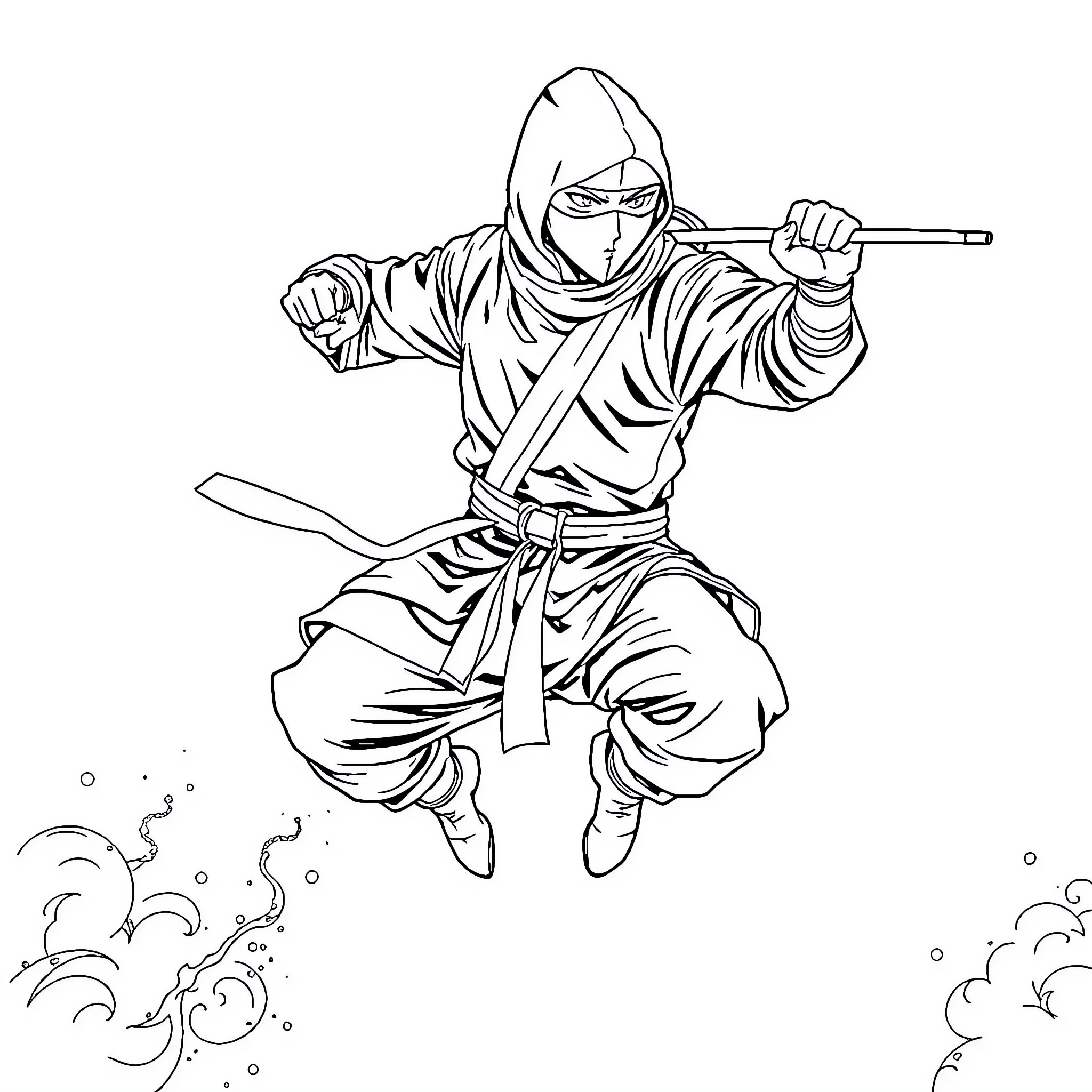 Ninja in Action-Packed Maneuver Coloring Page (free black-and-white line drawing printable PDF for all, from beginners to advanced learners, including children, teens, adults, and seniors)