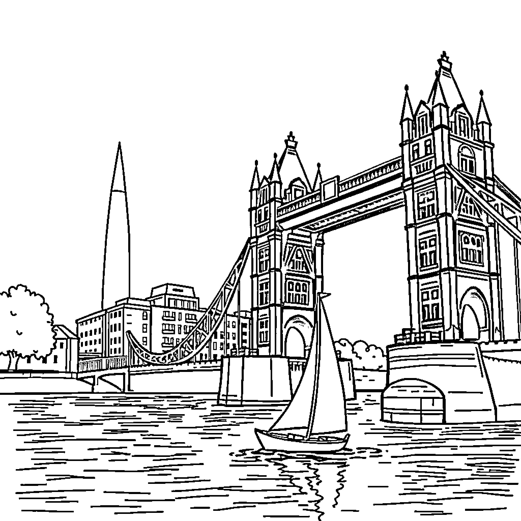 Sailboat passing under iconic Tower Bridge Coloring Page (free black-and-white line drawing printable PDF for all, from beginners to advanced learners, including children, teens, adults, and seniors)