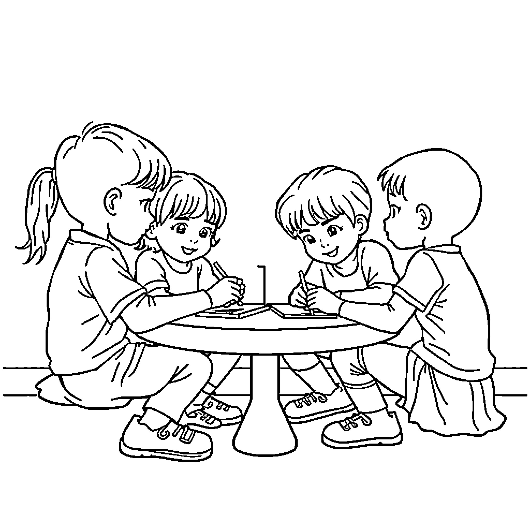 Group of children drawing together at table Coloring Page (free black-and-white line drawing printable PDF for all, from beginners to advanced learners, including children, teens, adults, and seniors)