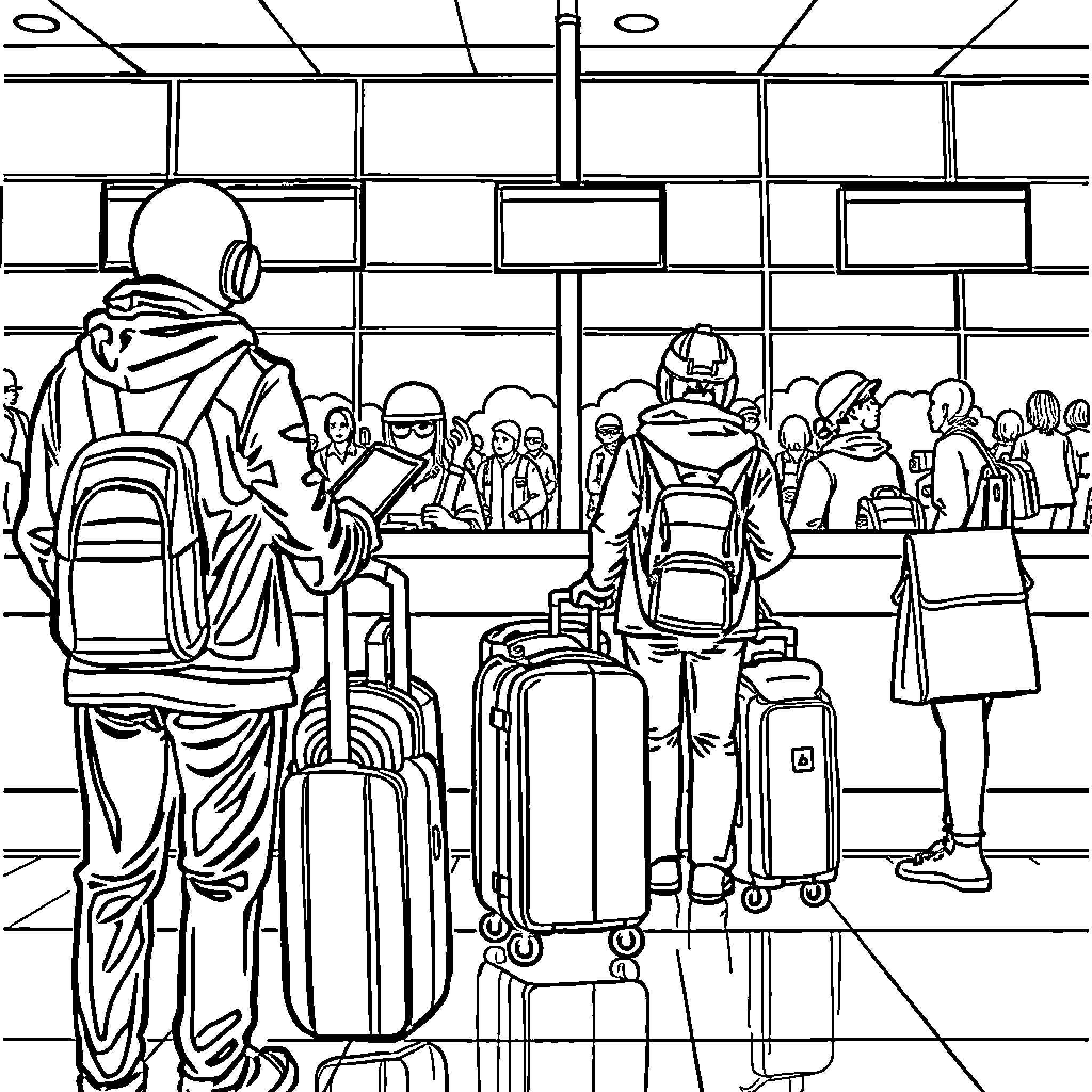 Airport scene with travelers, luggage, and commuters Coloring Page (free black-and-white line drawing printable PDF for all, from beginners to advanced learners, including children, teens, adults, and seniors)