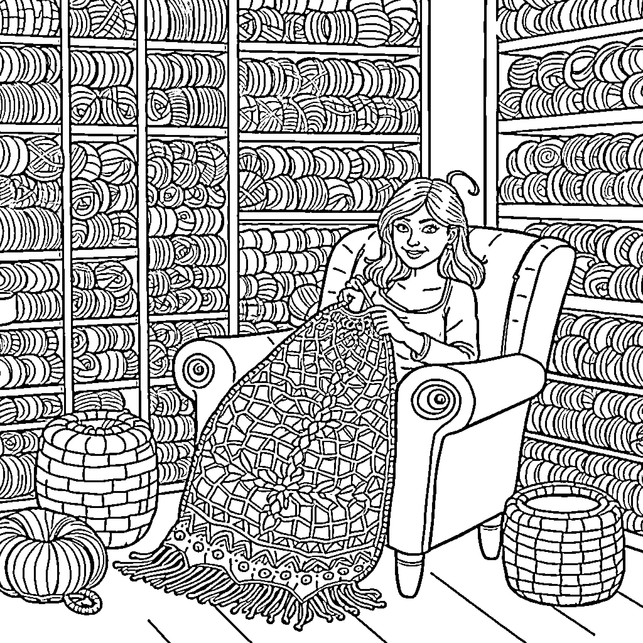 Woman sitting in chair reading book in cozy room Coloring Page (free black-and-white line drawing printable PDF for all, from beginners to advanced learners, including children, teens, adults, and seniors)