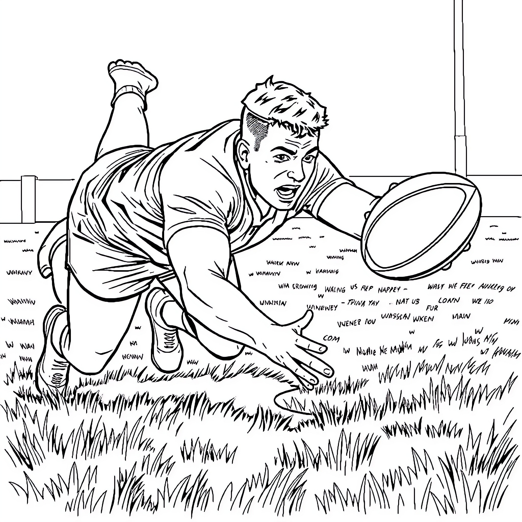 Rugby Player Diving for the Ball on the Field Coloring Page (free black-and-white line drawing printable PDF for all, from beginners to advanced learners, including children, teens, adults, and seniors)