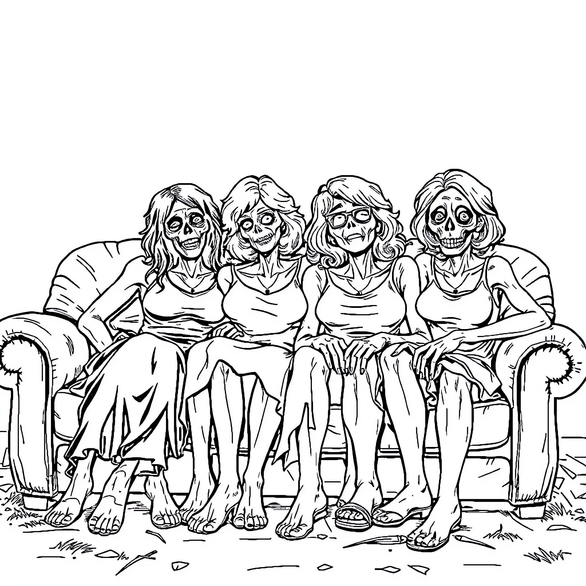 Zombie women sitting on couch Coloring Page (free black-and-white line drawing printable PDF for all, from beginners to advanced learners, including children, teens, adults, and seniors)