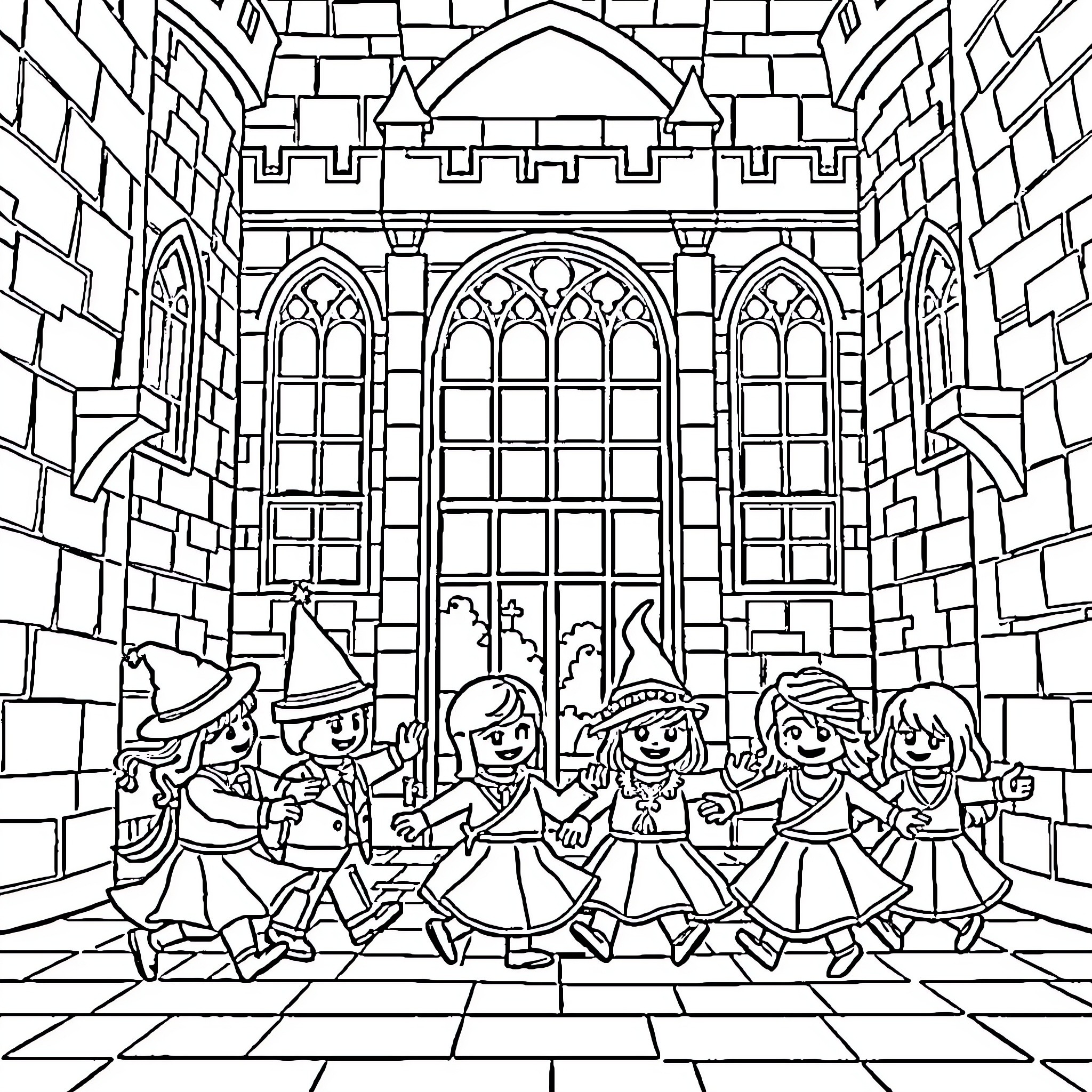 Playmobil characters exploring a medieval castle Coloring Page (free black-and-white line drawing printable PDF for all, from beginners to advanced learners, including children, teens, adults, and seniors)